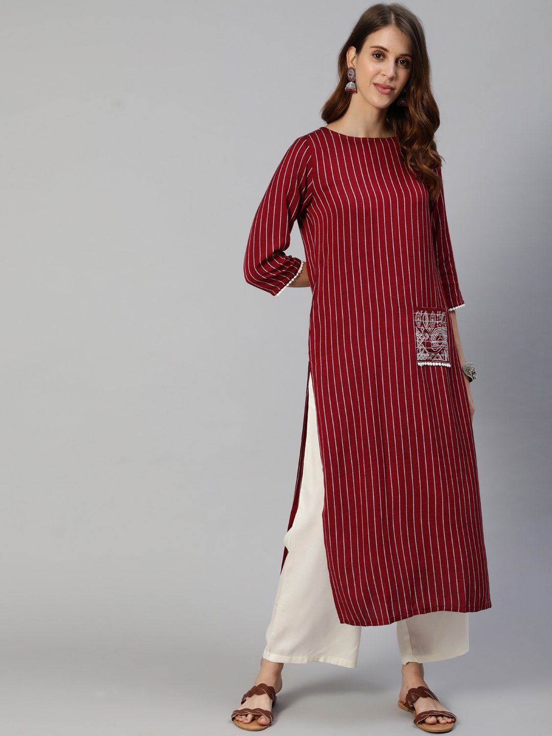 

Jaipur Kurti Women Maroon Striped Kurta