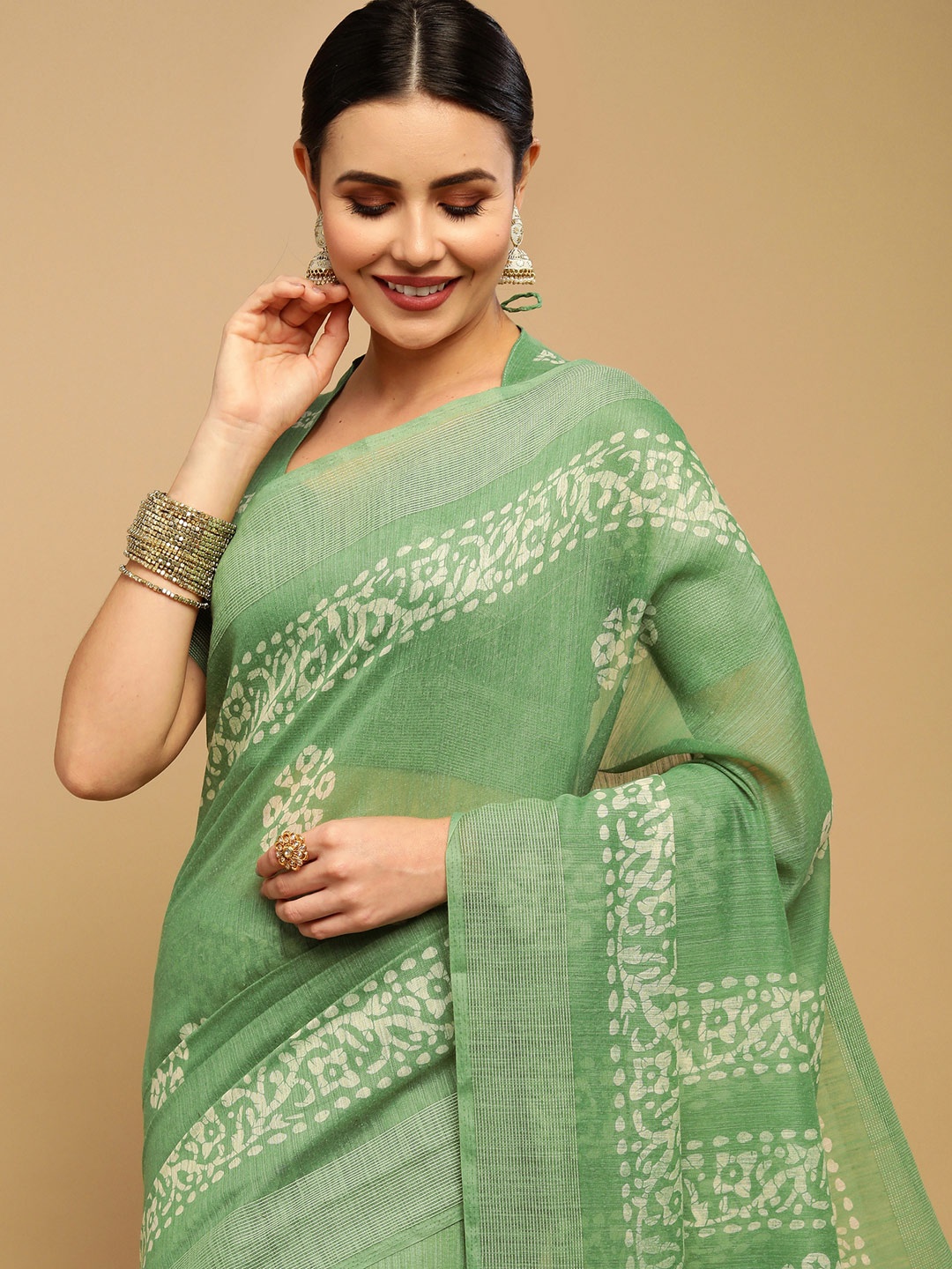 

SIRIL Green & White Batik Zari Saree