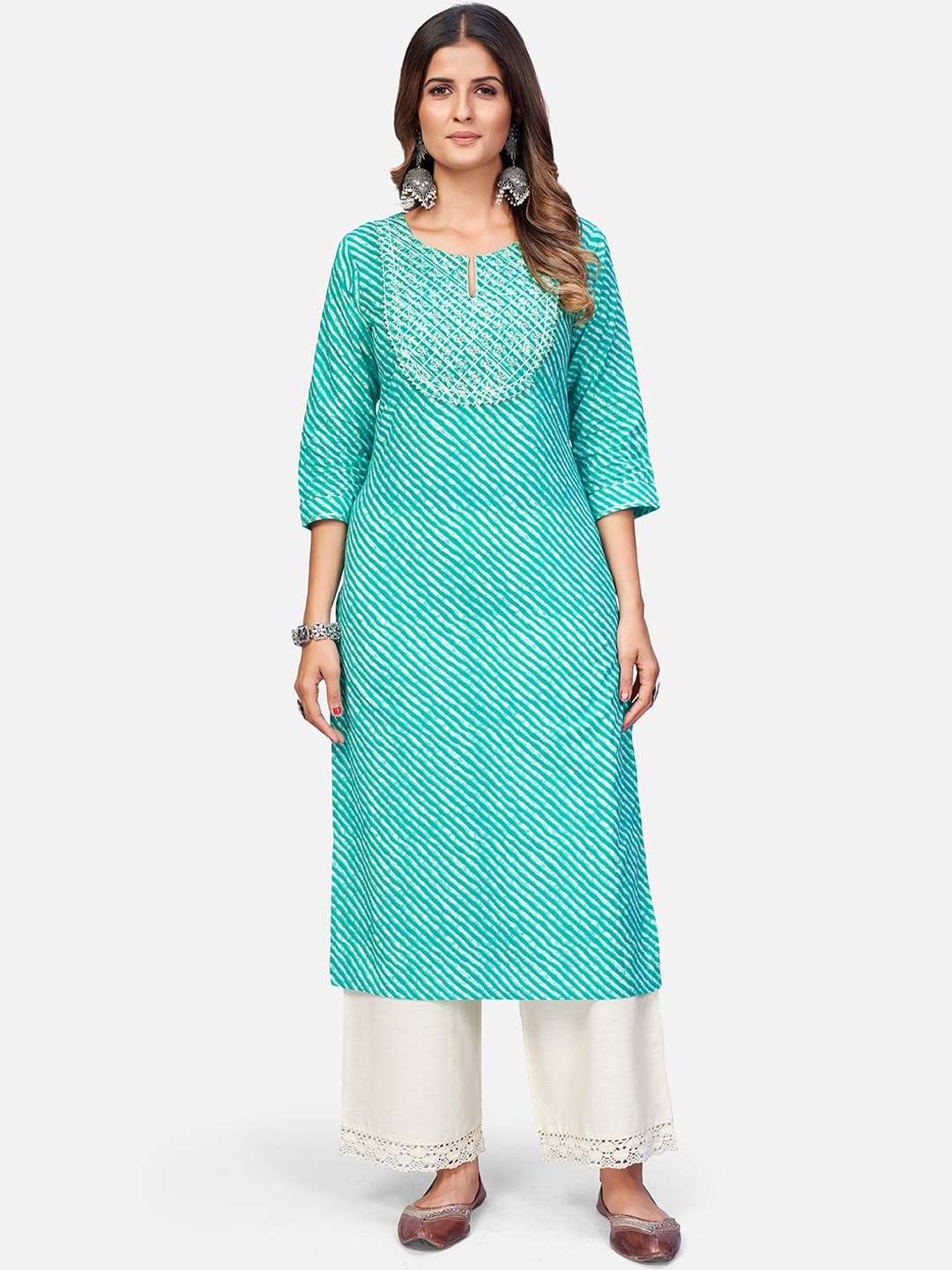 

Vbuyz Women Turquoise Blue Printed Keyhole Neck Kurta