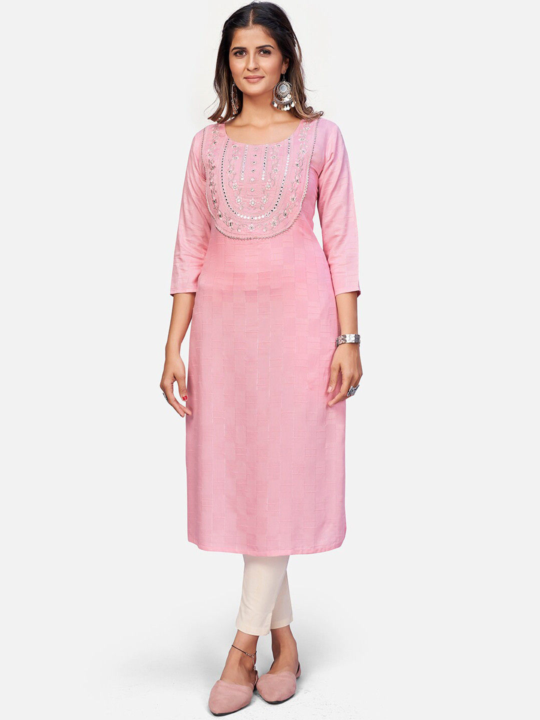 

Vbuyz Women Pink Yoke Design Chikankari Kurta