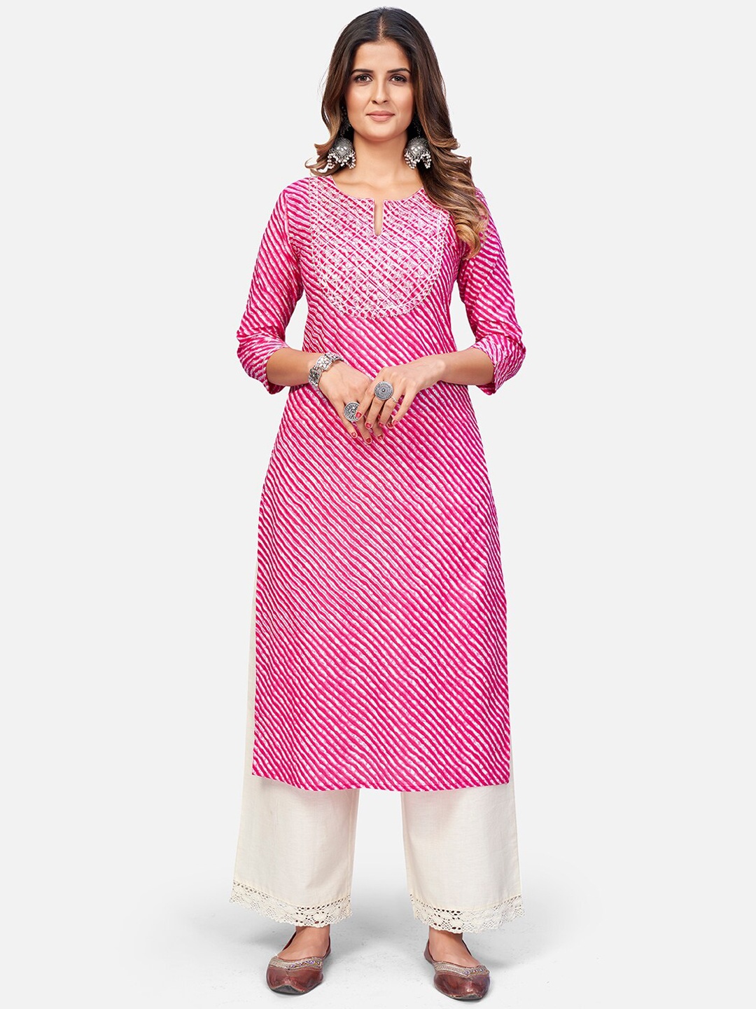 

Vbuyz Women Pink & White Printed Keyhole Neck Kurta