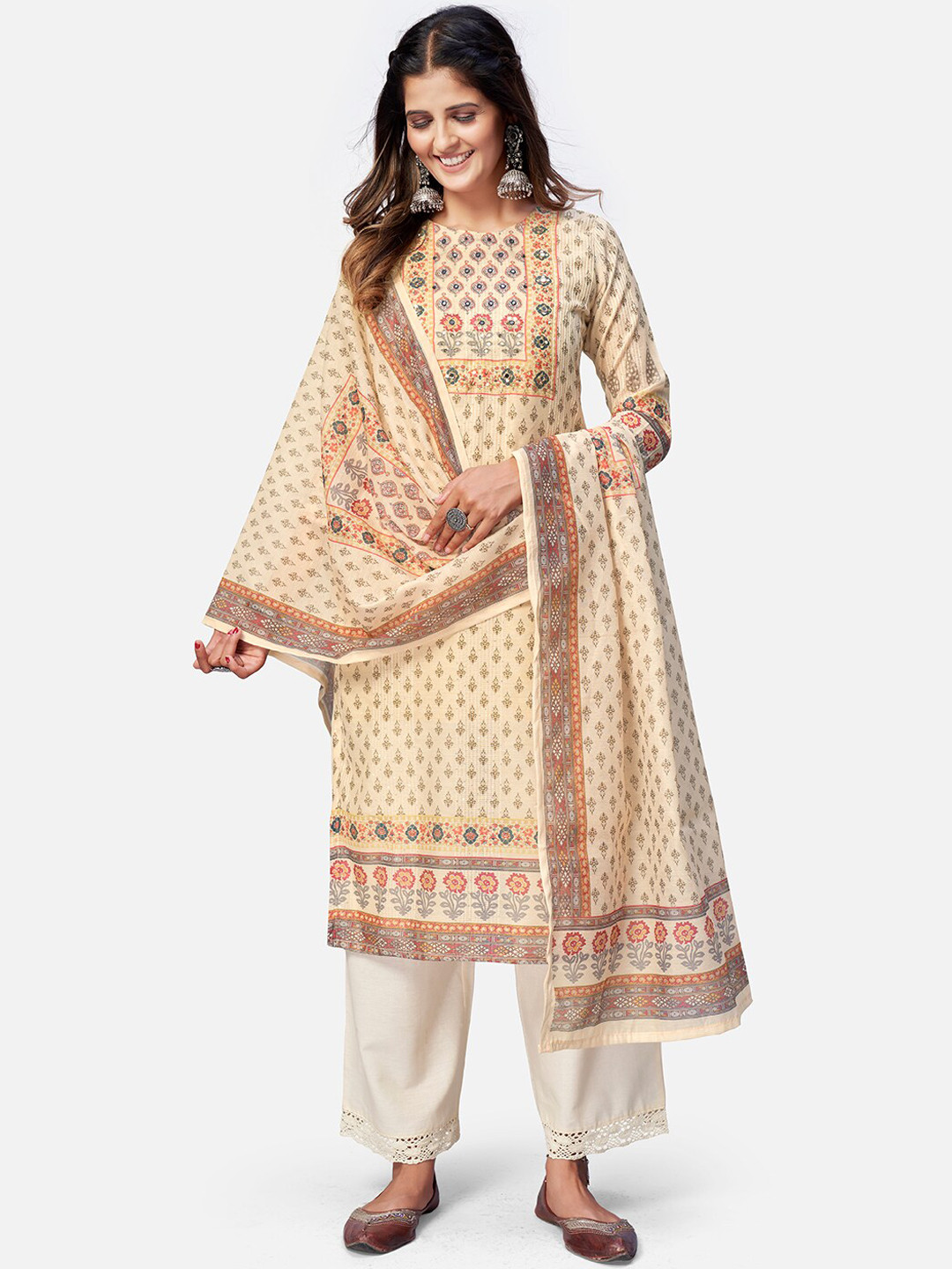 

Vbuyz Women Cream-Coloured Ethnic Motifs Printed Mirror Work Chanderi Silk Kurta
