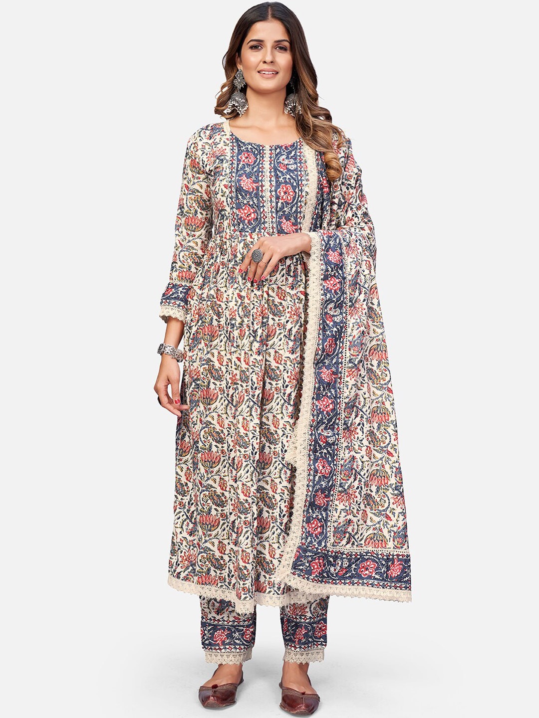 

Vbuyz Women Beige Floral Printed Pure Cotton Kurta with Trousers & With Dupatta