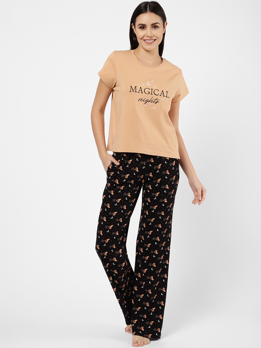 

Sweet Dreams Women Beige & Black Printed Night suit