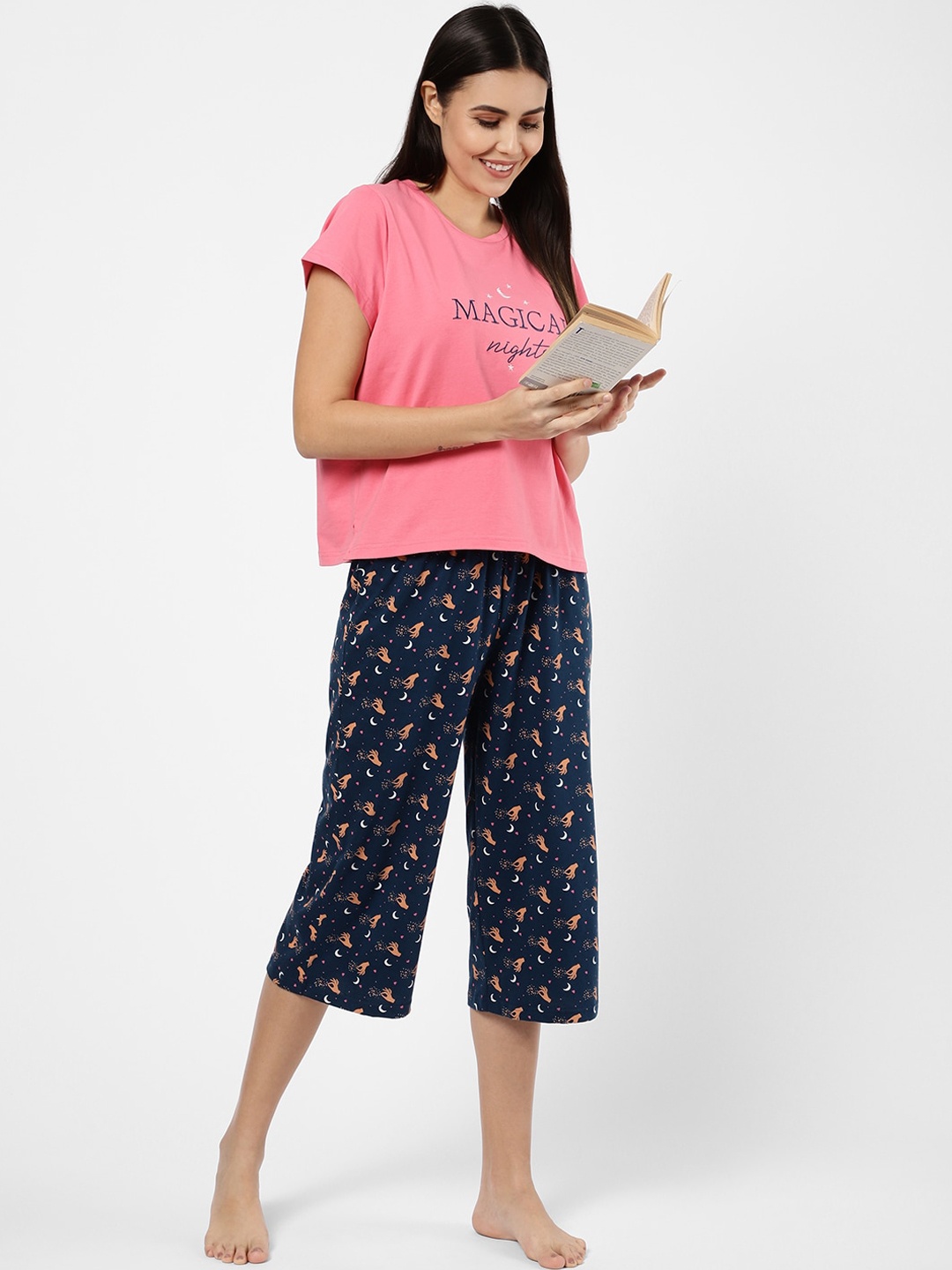 

Sweet Dreams Women Pink & Navy Blue Printed Night suit