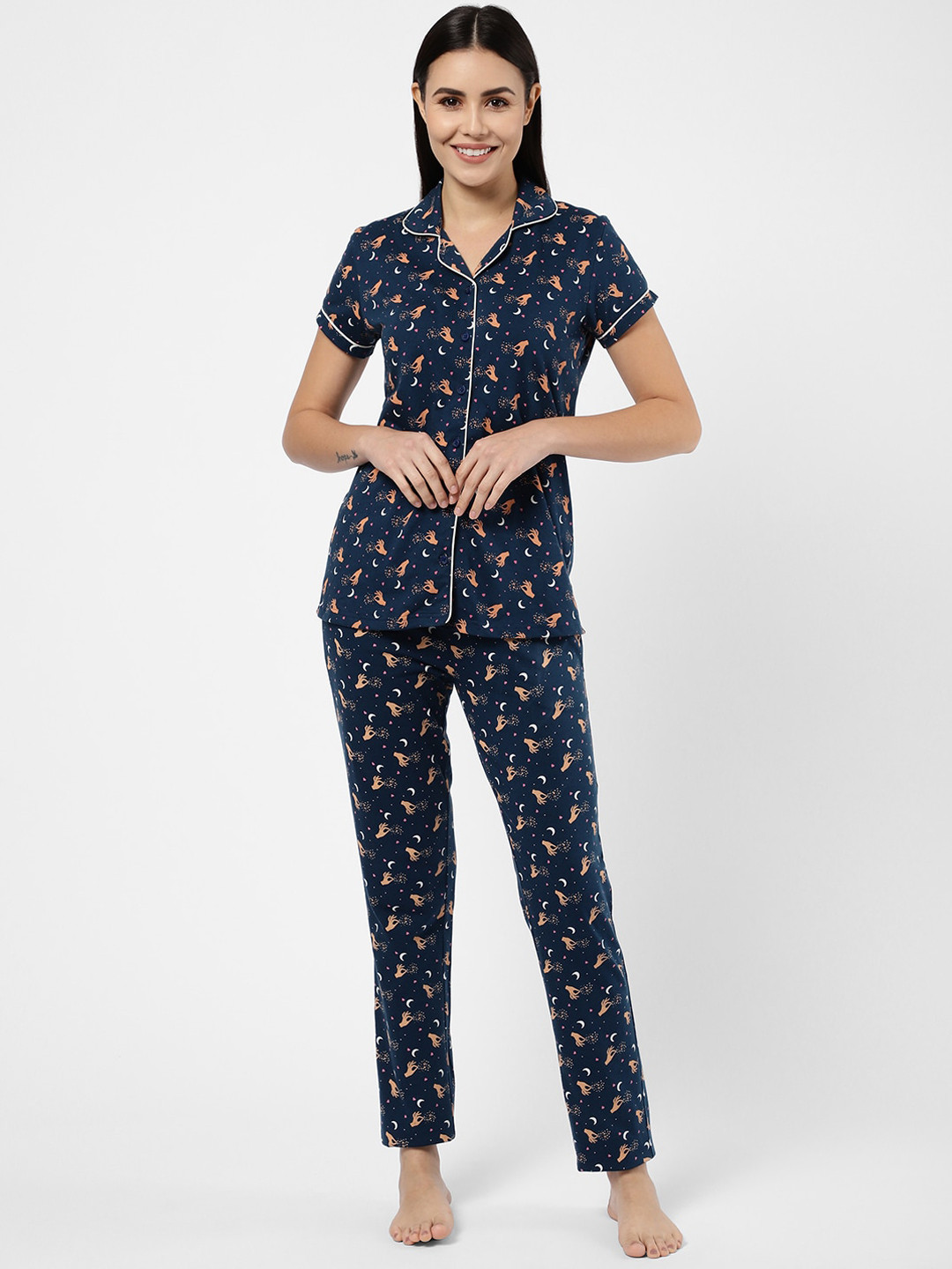

Sweet Dreams Women Navy Blue & Brown Printed Night suit