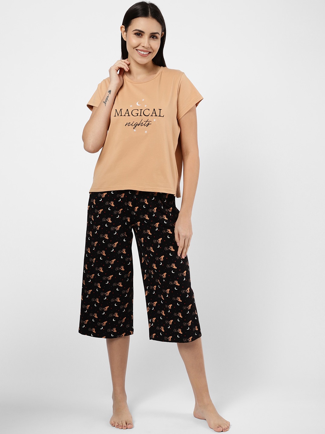 

Sweet Dreams Women Beige & Black Printed Night suit