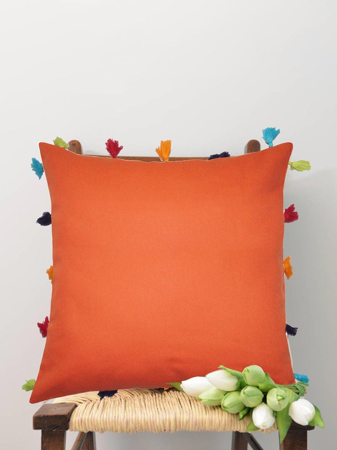 

Lushomes Copper-Toned Set of 5 Square Cushion Covers with colourful tassels
