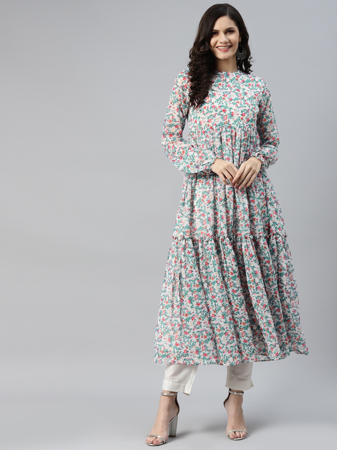 

MBE Women White & Blue Floral Printed Floral Georgette Anarkali Kurta