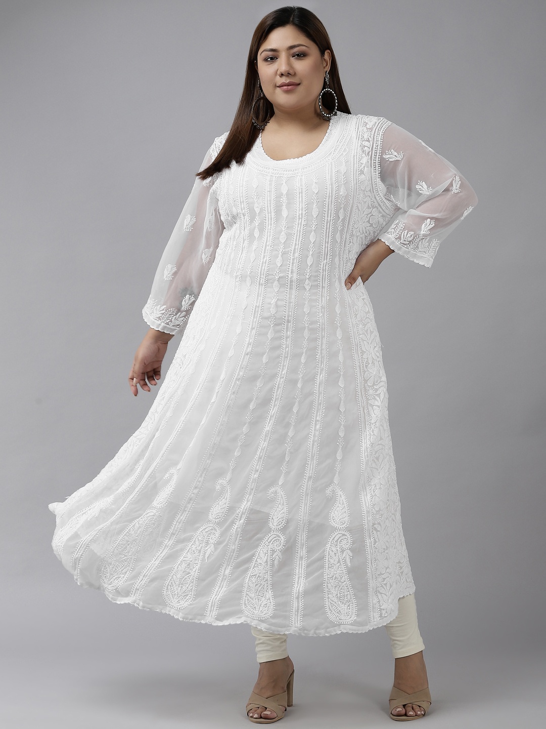 

ADA Women White Ethnic Motifs Plus Size Chikankari Georgette Anarkali Kurta