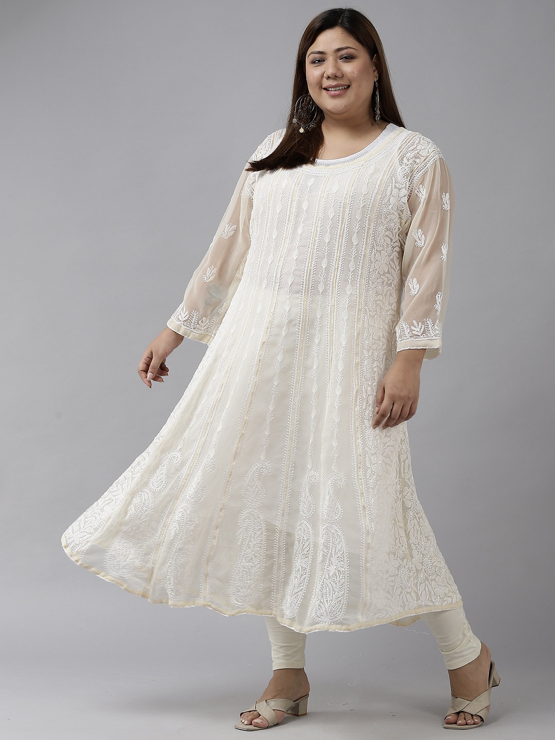 

ADA Women Beige Ethnic Motifs Plus Size Chikankari Georgette Anarkali Kurta