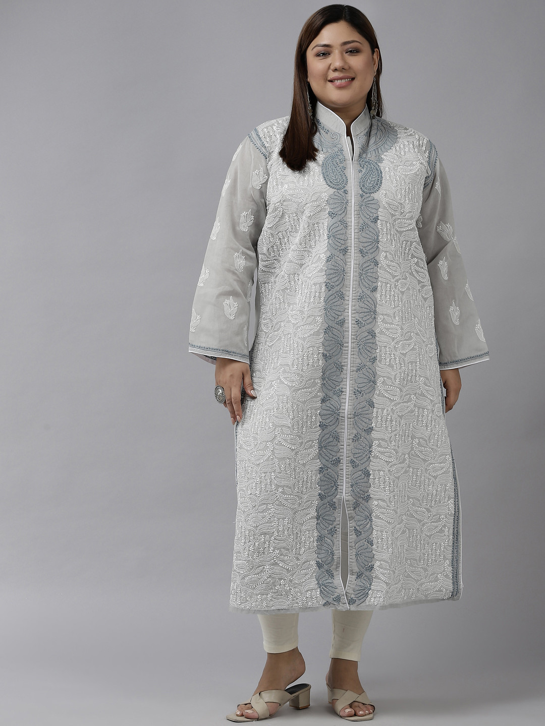 

ADA Women Grey & White Ethnic Motifs Plus Size Chikankari Kurta