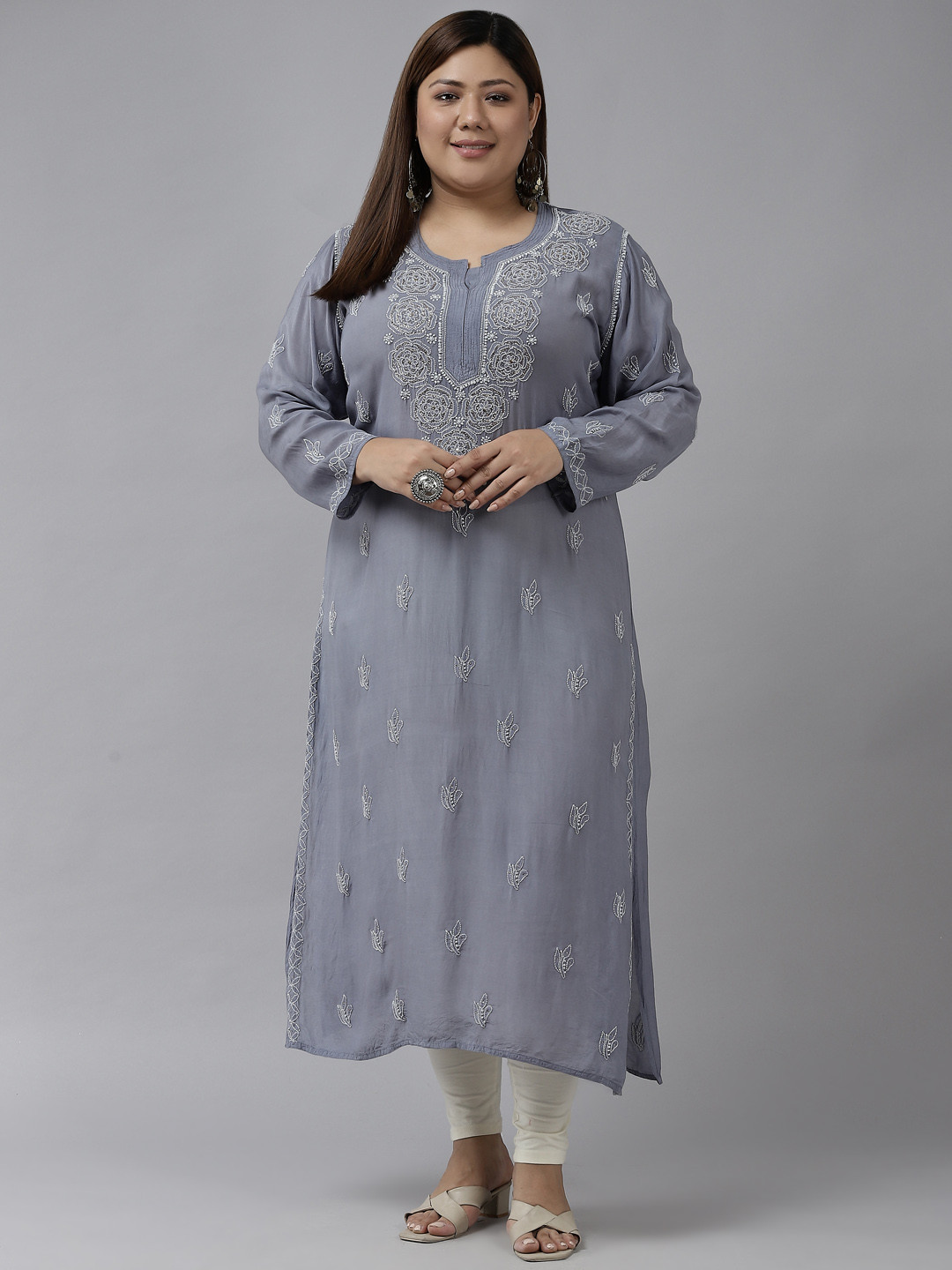 

ADA Women Grey Ethnic Motifs Plus Size Mukaish Kurta