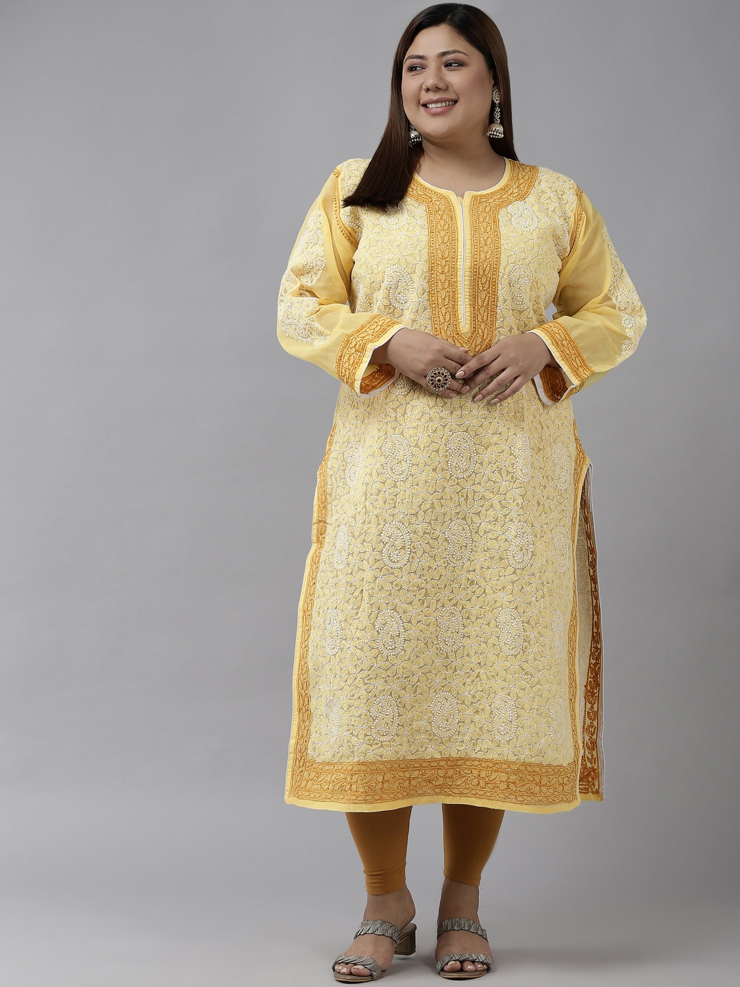 

ADA Women Yellow & White Ethnic Motifs Plus Size Chikankari Kurta
