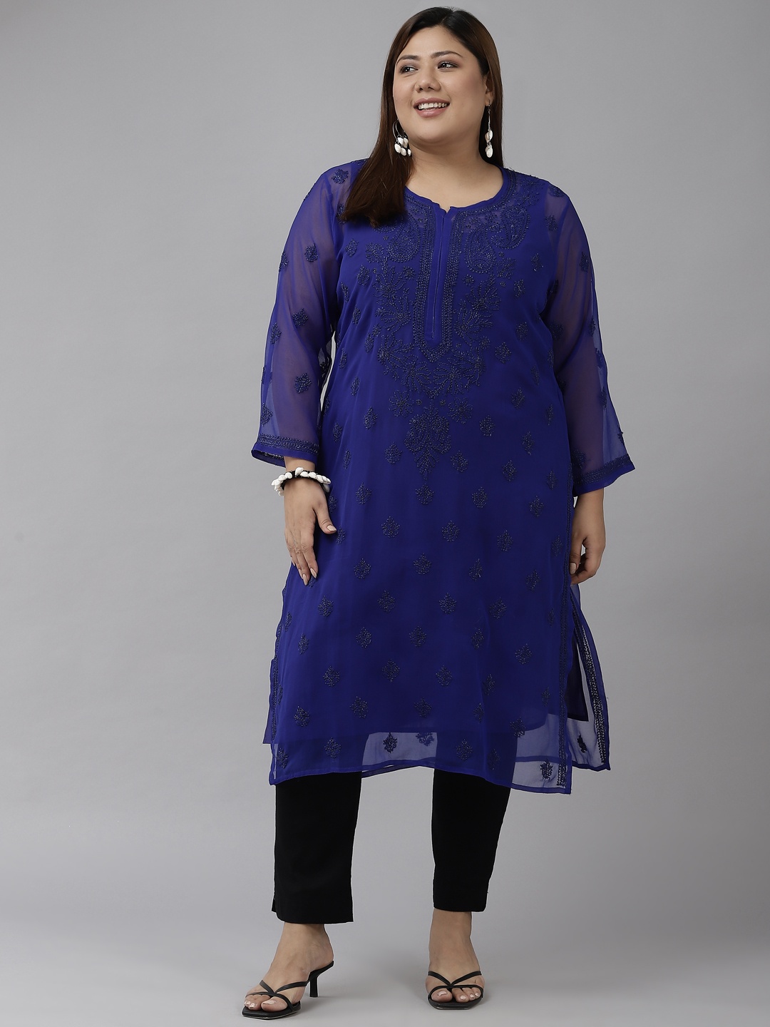 

ADA Women Navy Blue Ethnic Motifs Plus Size Chikankari Georgette Kurta with Slip
