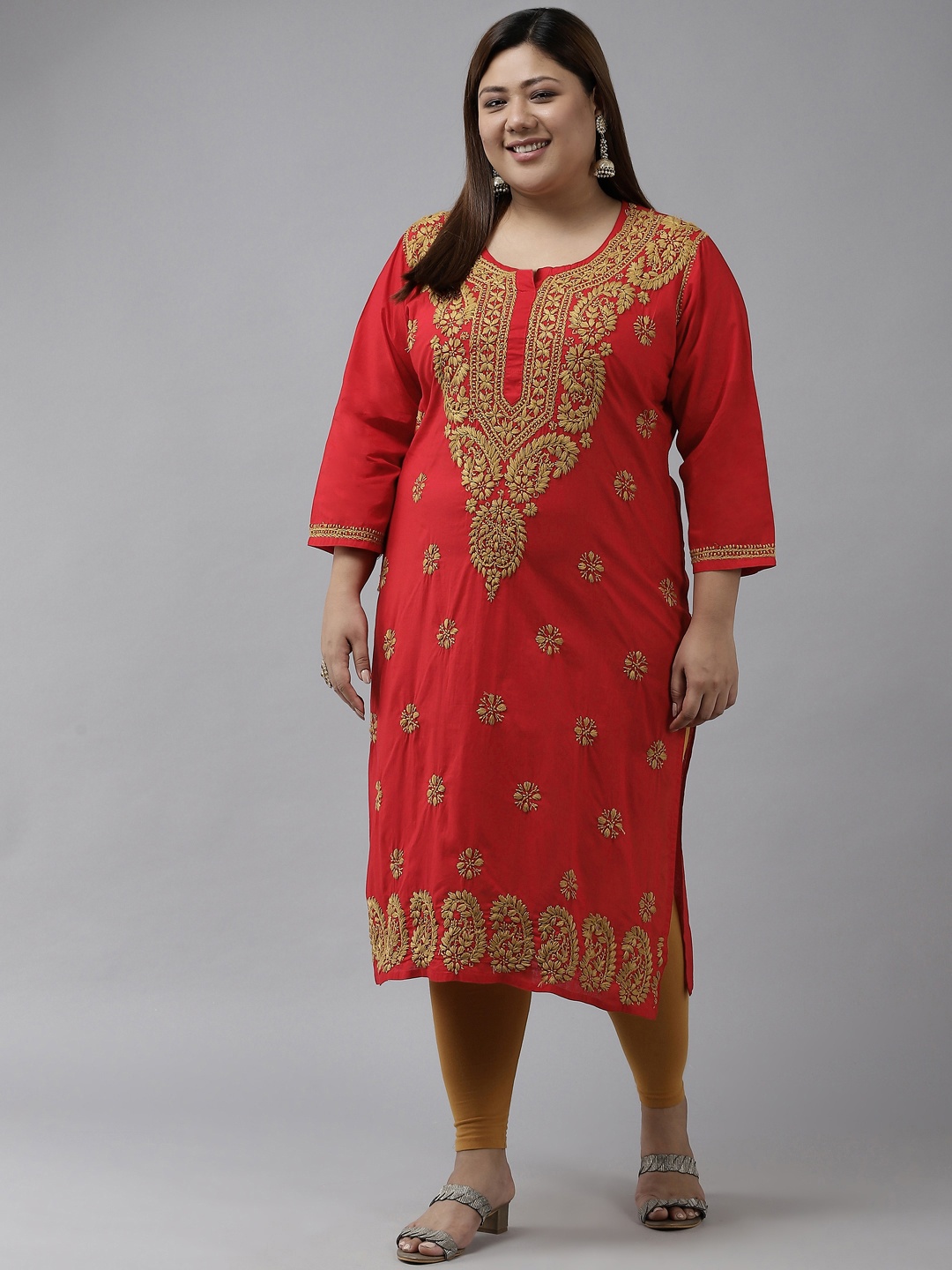 

ADA Women Red & Beige Ethnic Motifs Plus Size Chikankari Kurta