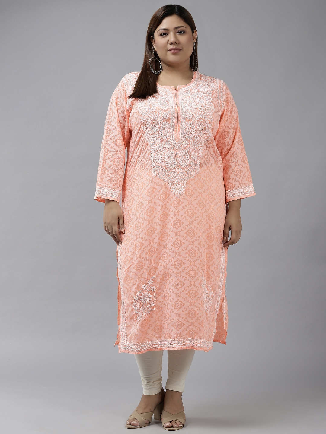 

ADA Women Peach-Coloured & White Ethnic Motifs Plus Size Chikankari Kurta