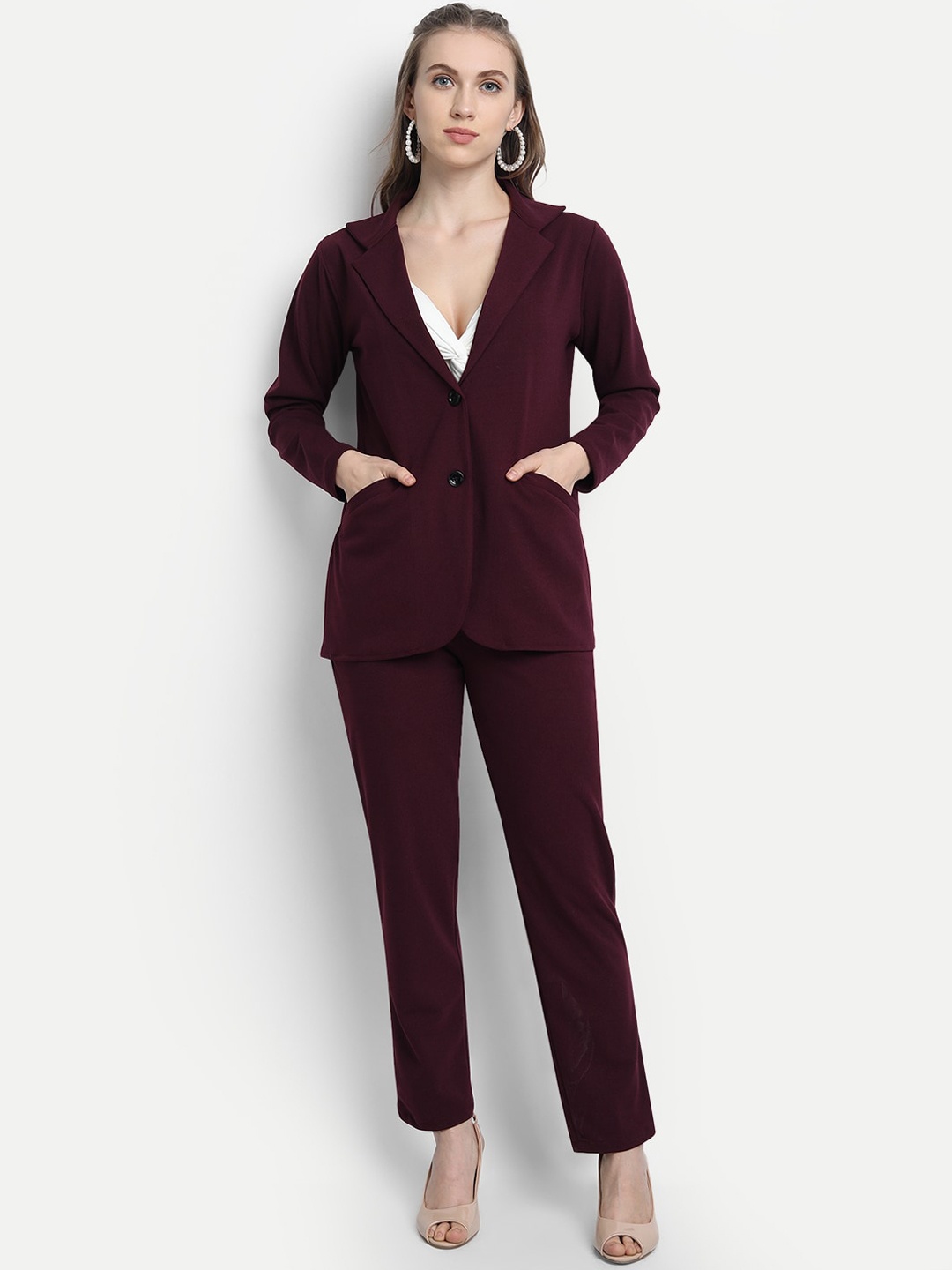 

Golden Kite Women Burgundy Solid Single-Breasted 2-Piece Suit Formal Suit