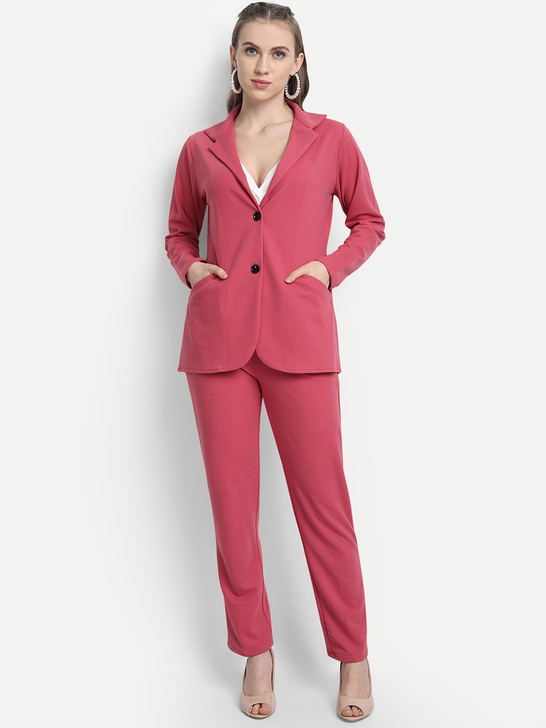 

Golden Kite Women Pink Solid Blazer & Trouser