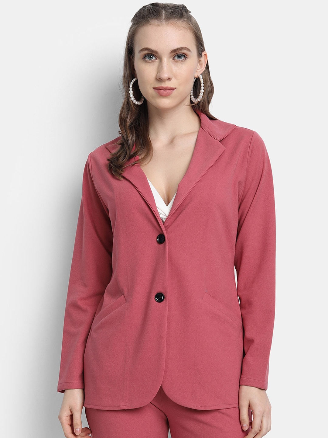 

Golden Kite Women Pink Solid Single-Breasted Blazer