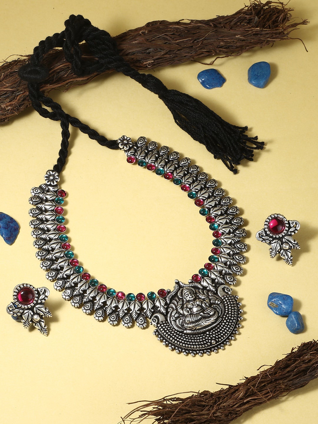 

Adwitiya Collection Oxidised Silver-Coloured Pink & Green Stone Studded Temple Jewellery Set