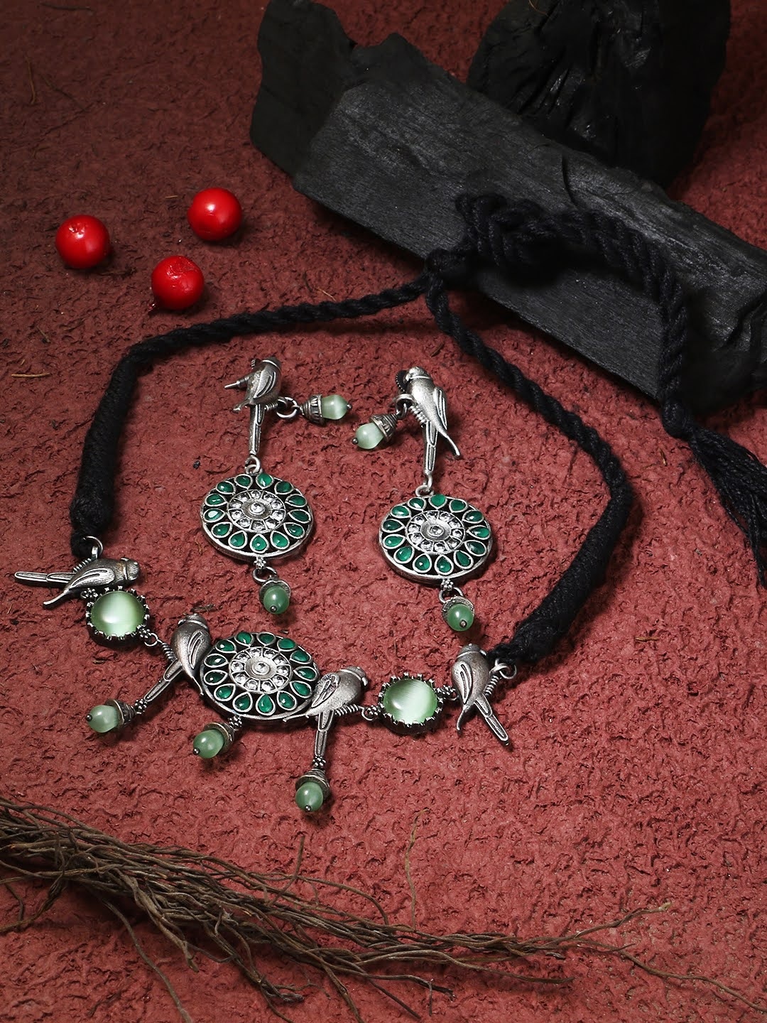 

Adwitiya Collection Silver-Plated Green Stone-Studded & Beaded Jewellery Set