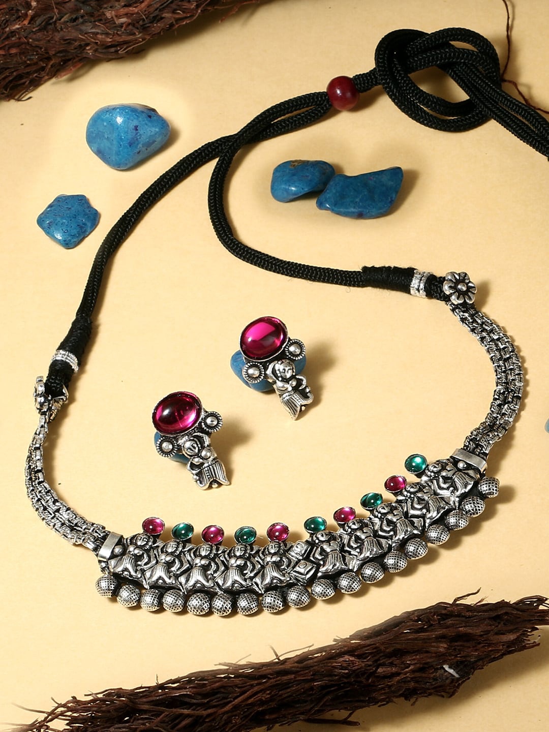 

Adwitiya Collection Silver-Plated Artificial Stone Studded Oxidised Jewellery Set