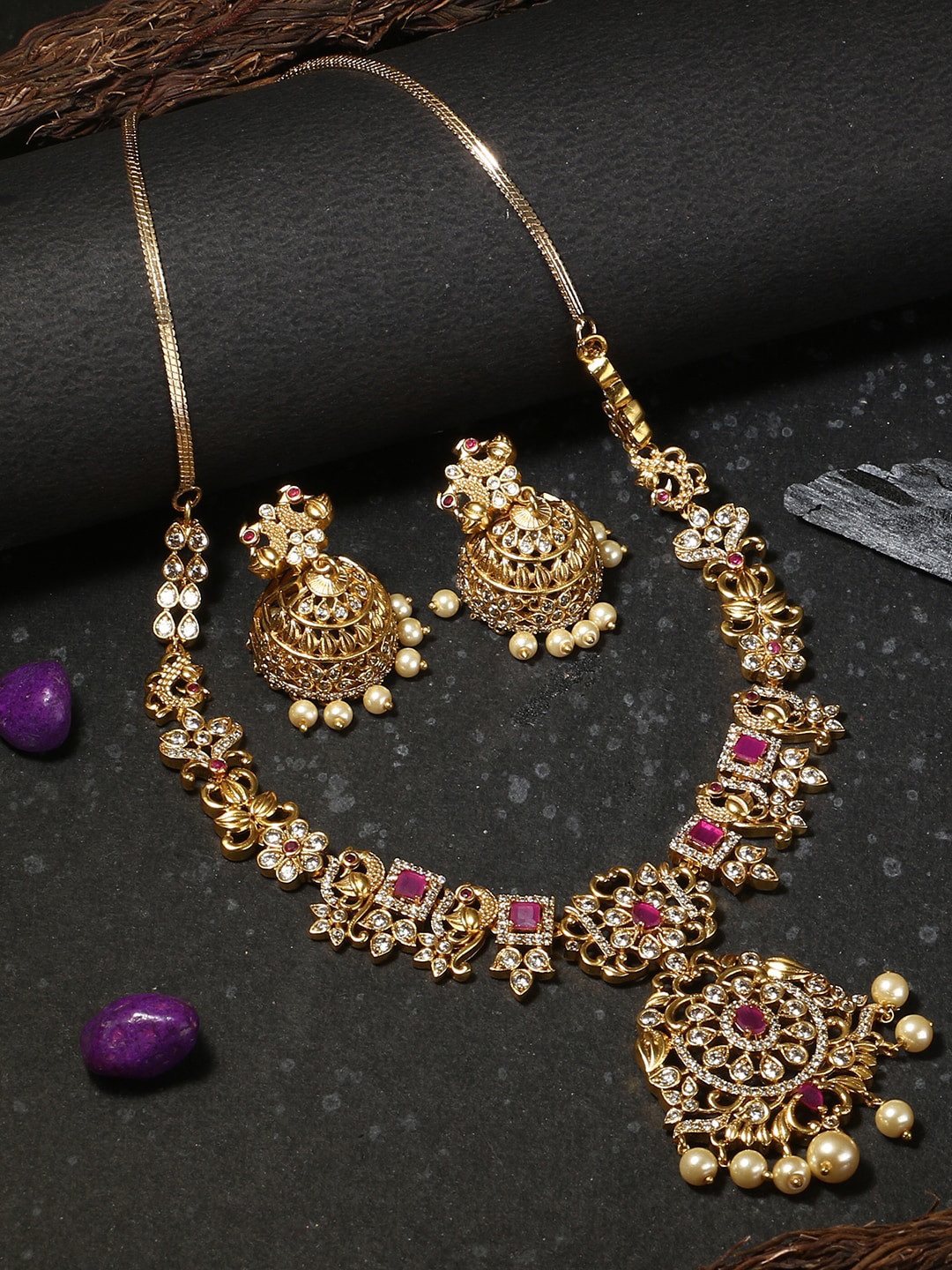 

Adwitiya Collection 24 CT Gold-Plated Pink & White Stone Studded & Beaded Antique Jewellery Set