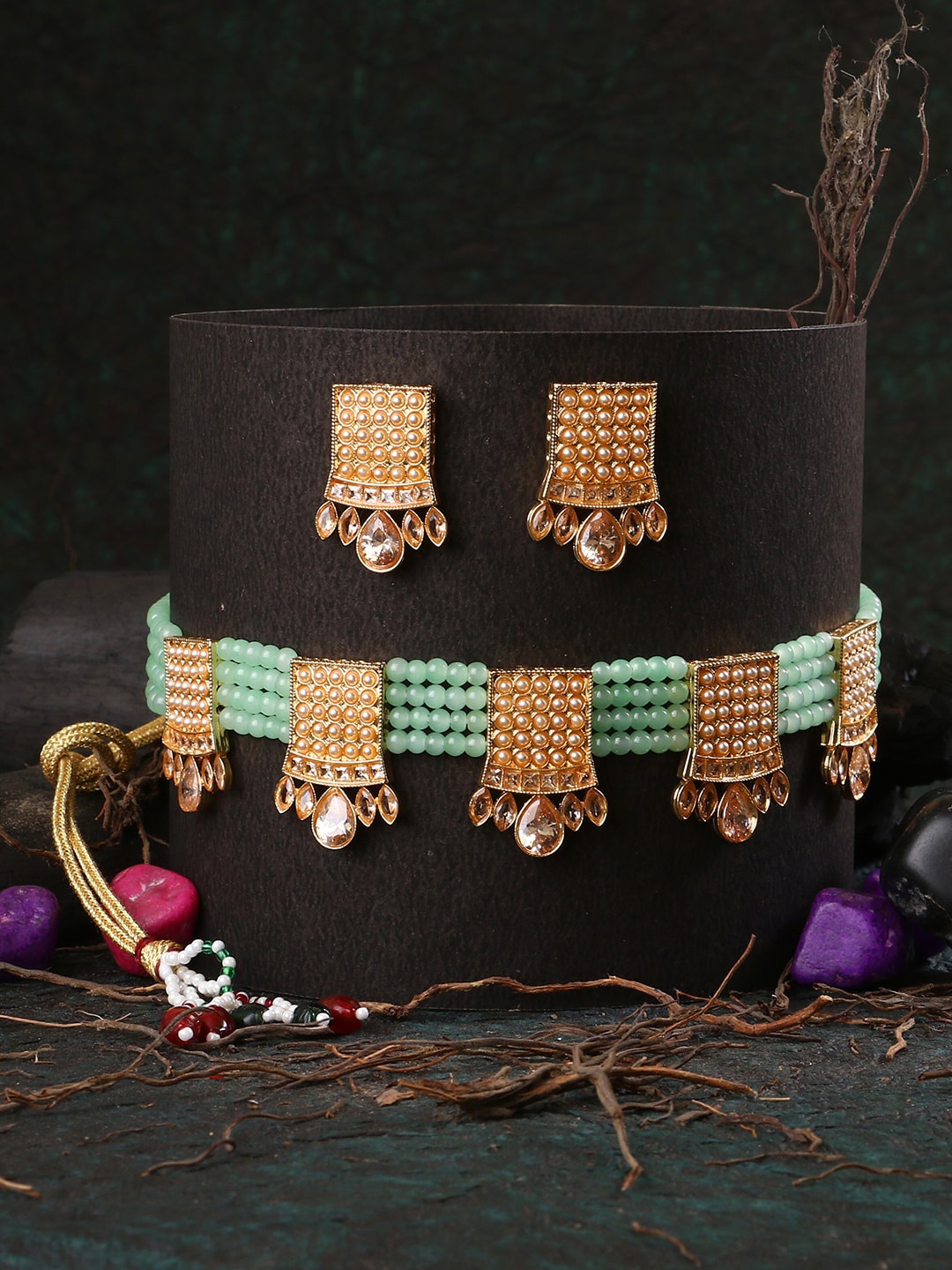 

Adwitiya Collection 24CT Gold-Plated Green Stone-Studded Layred Jewellery Set