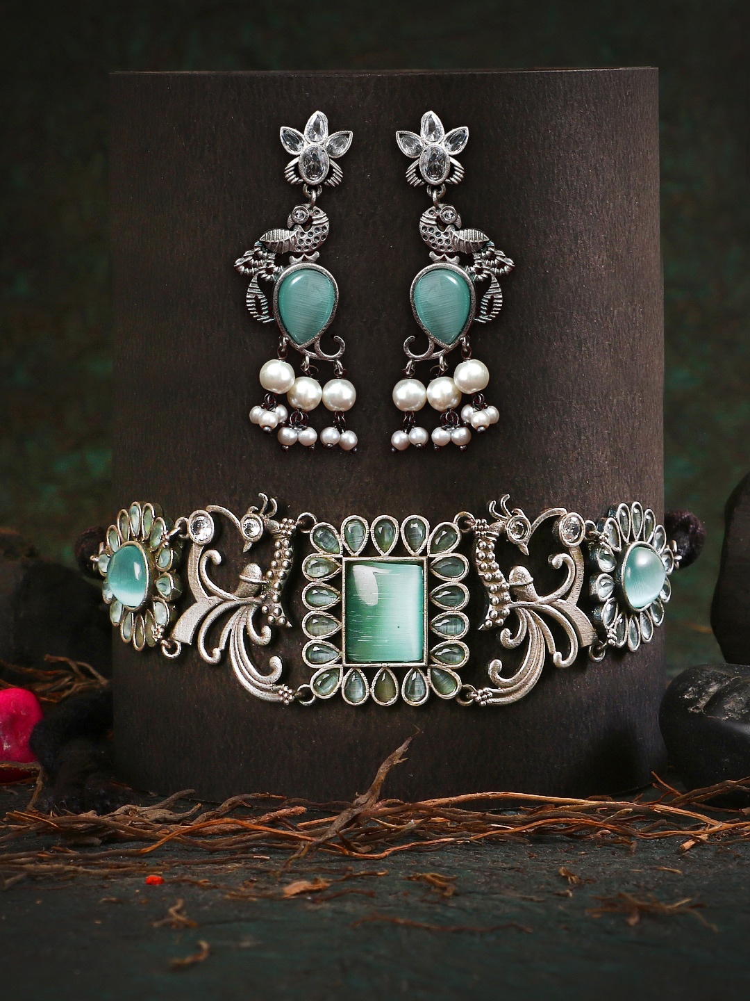 

Adwitiya Collection Oxidized Silver-Plated Green Stone-Studded Jewellery Set