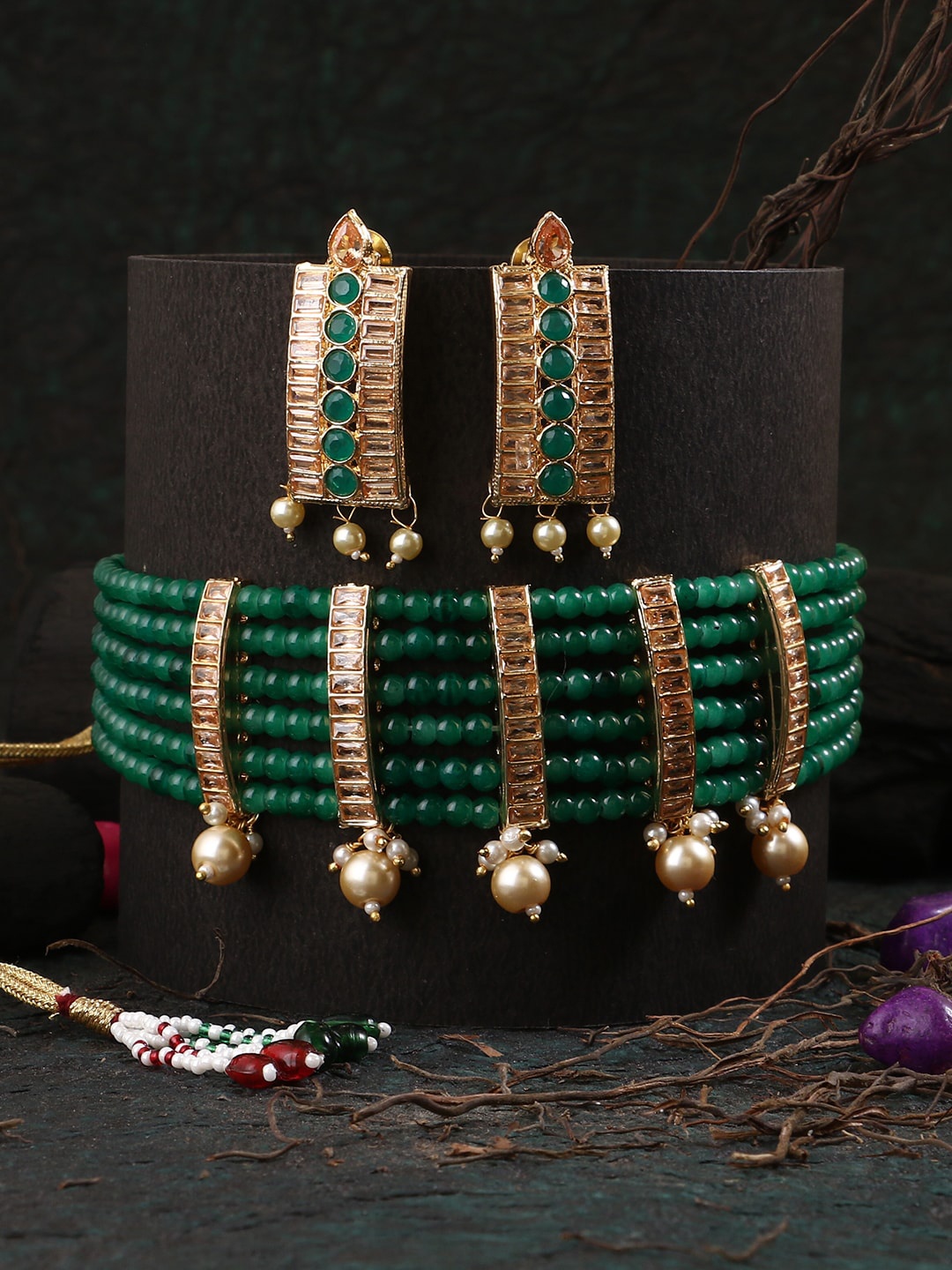 

Adwitiya Collection 24CT Gold-Plated Green Artificial Stones & Pearls Studded Choker Jewellery Set