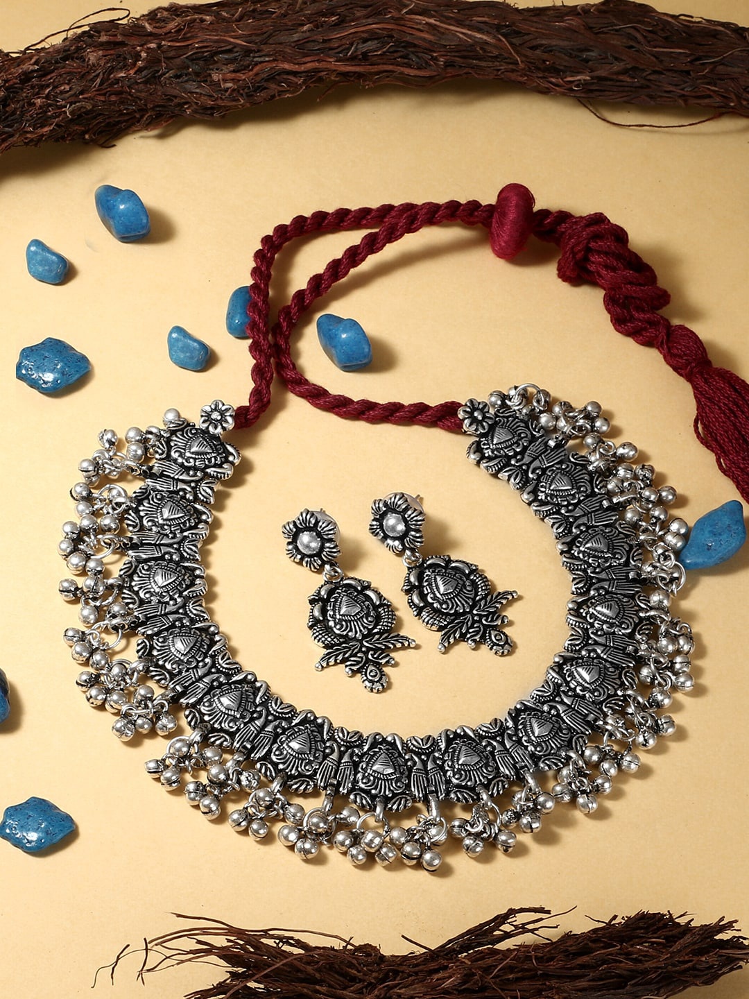 

Adwitiya Collection Silver-Plated Stone Studded Jewellery Set