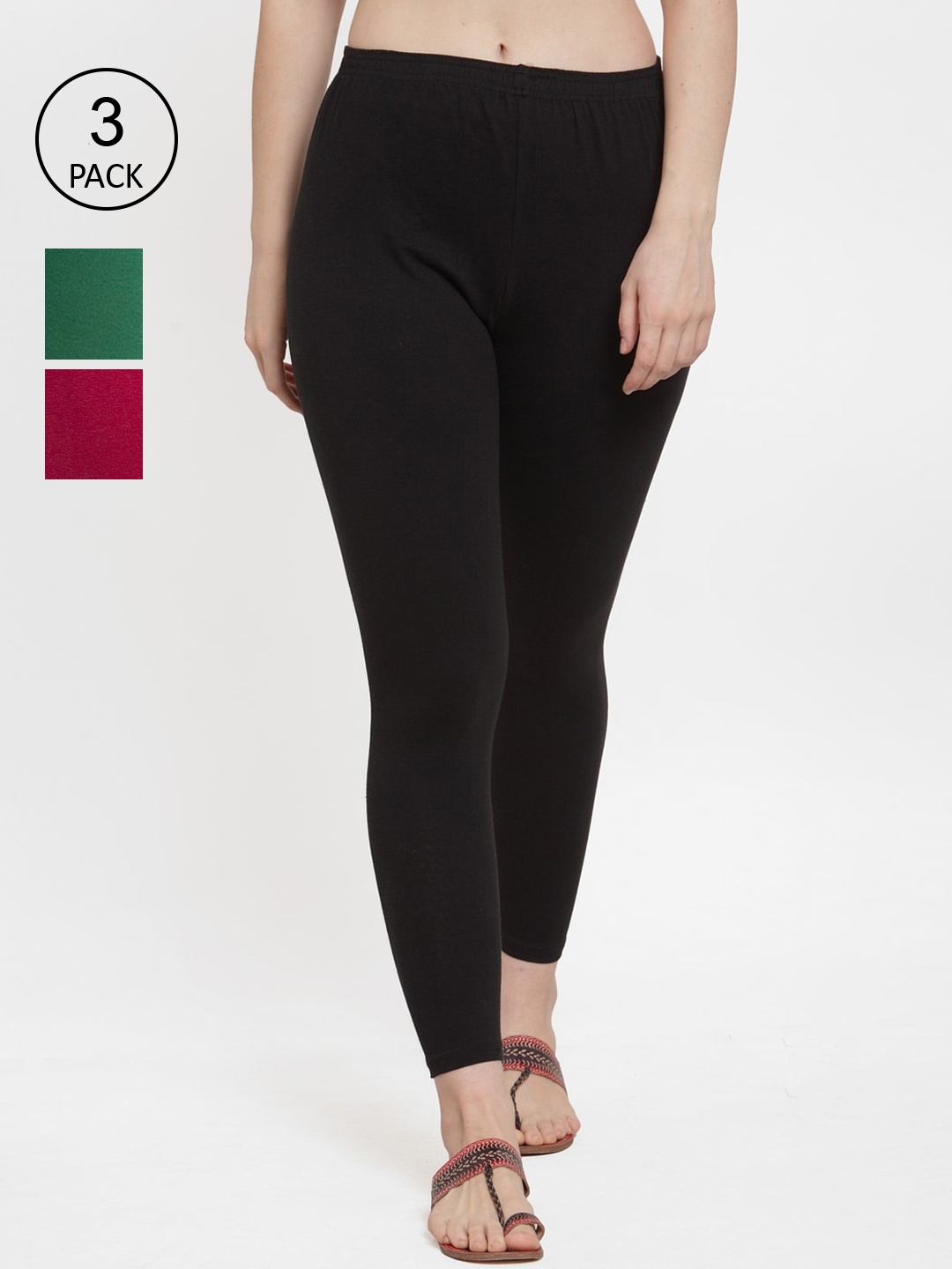 

Jinfo Women Pack Of 3 Black & Green Solid Ankle-Length Leggings