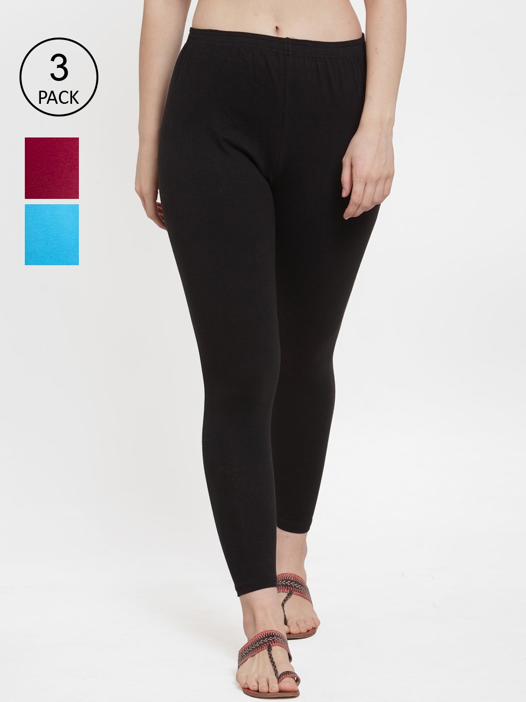 

Jinfo Women Black, Maroon & Blue Pack Of 3 Solid Ankle-Length Leggings