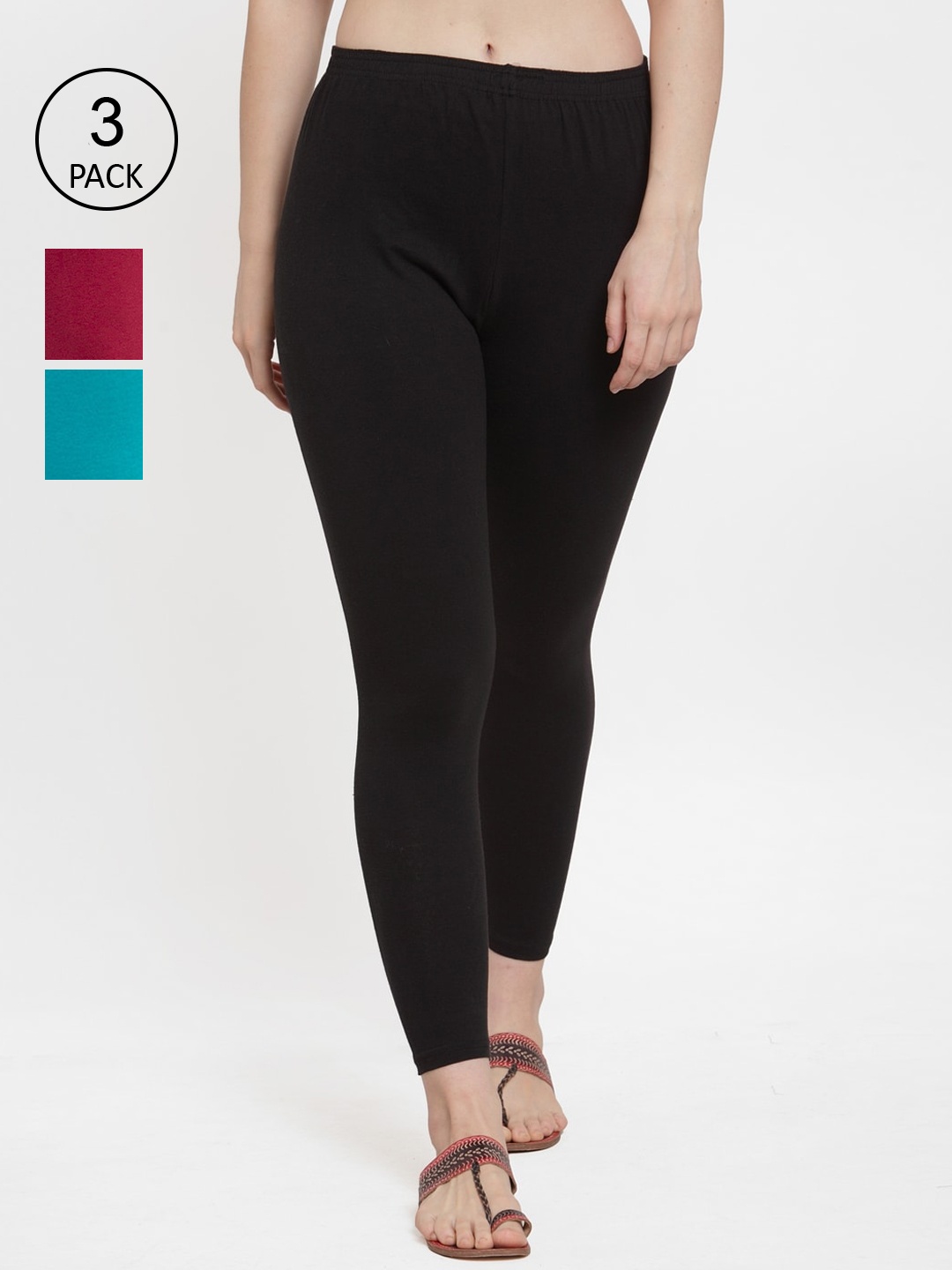 

Jinfo Women Pack Of 3 Black & Maroon Solid Ankle-Length Leggings