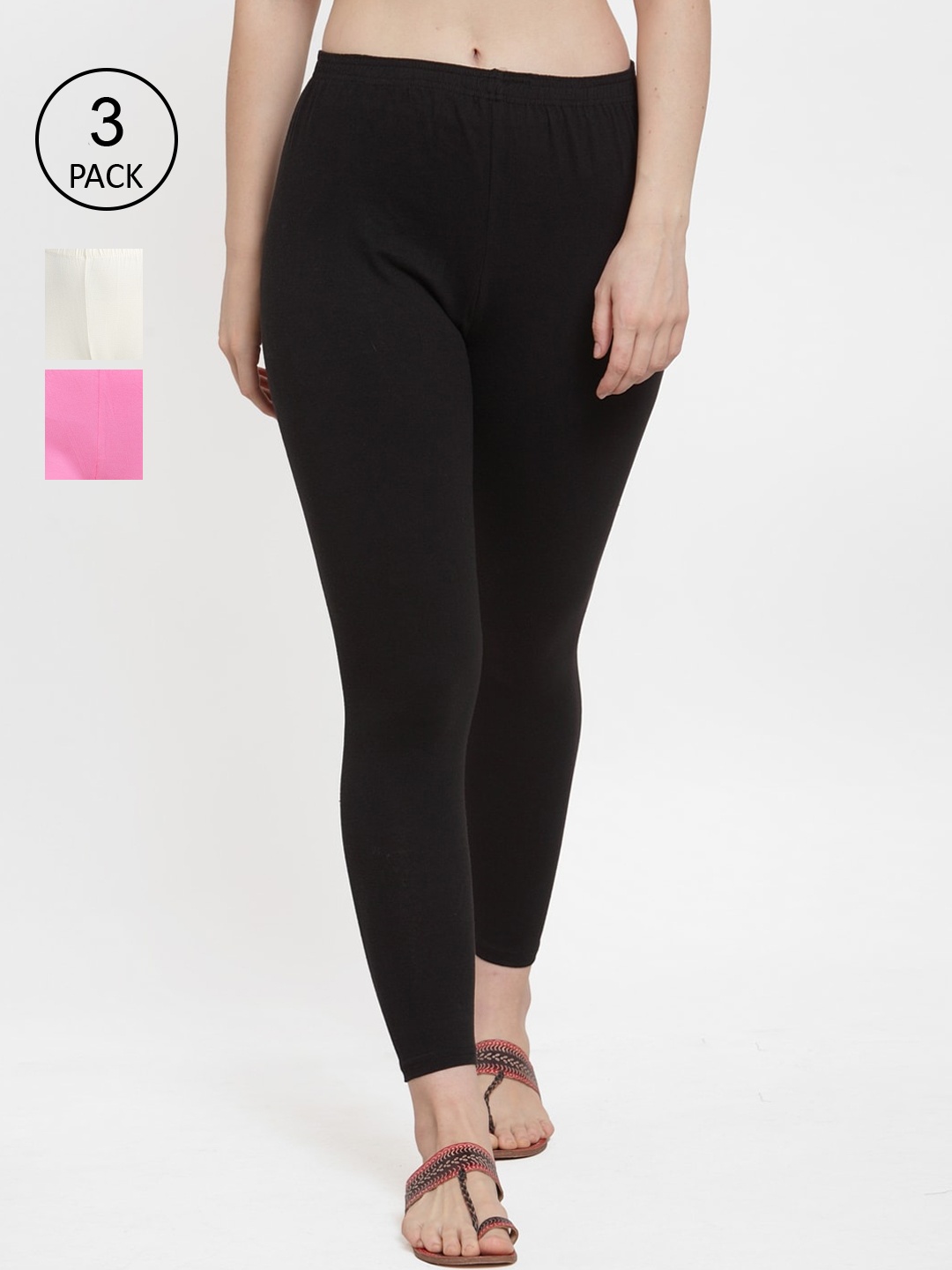 

Jinfo Women Pack Of 3 Black & Pink Solid Ankle-Length Leggings