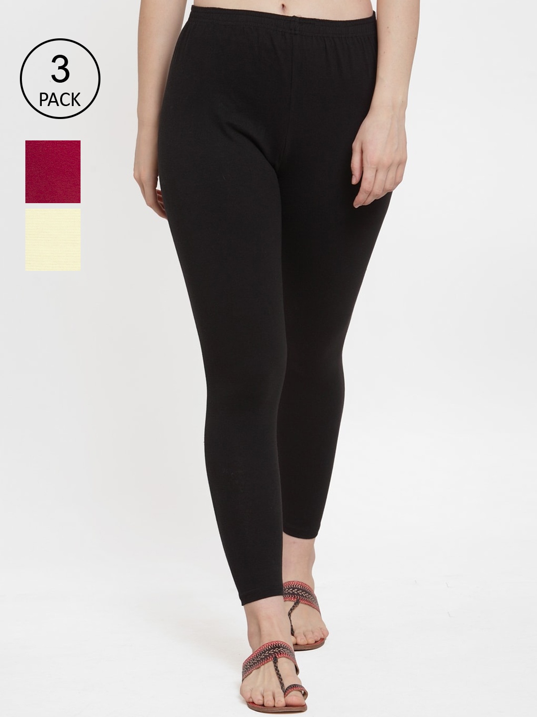 

Jinfo Women Pack Of 3 Solid Maroon & Cream Ankle-Length Leggings, Black