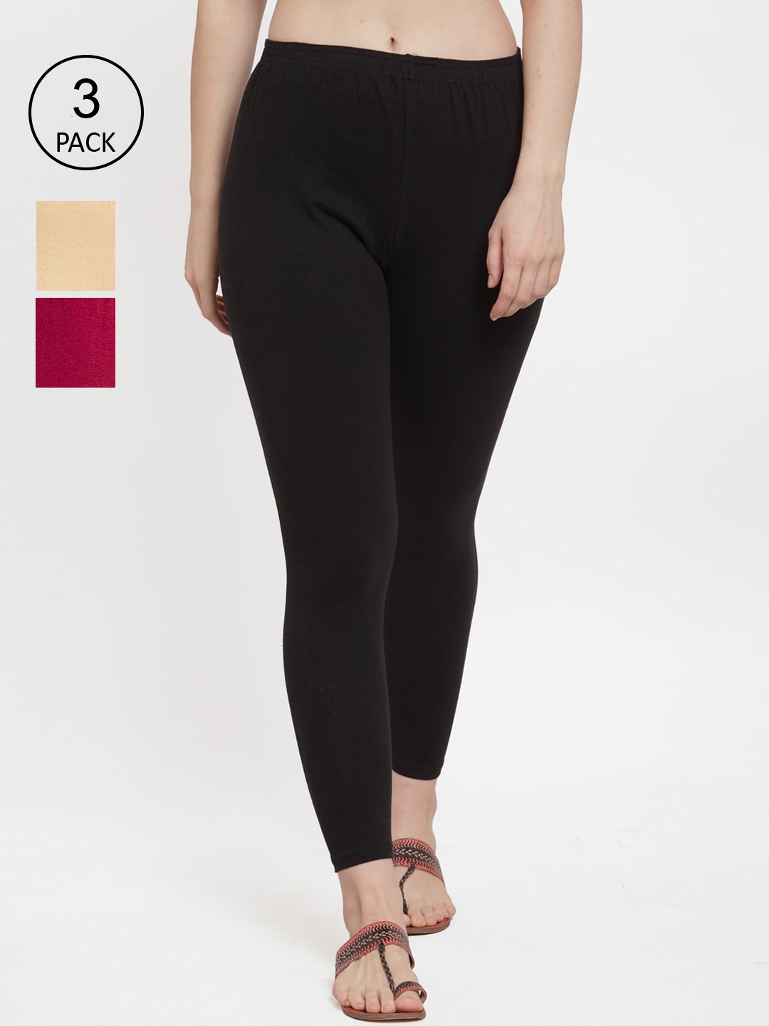 

Jinfo Women Pack Of 3 Solid Cotton Ankle-Length Leggings, Black
