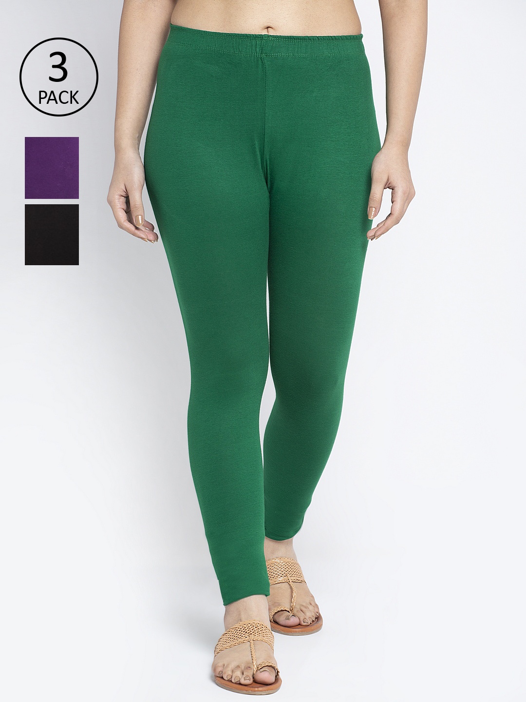 

Jinfo Women Pack Of 3 Green & Purple Solid Ankle-Length Leggings, Black