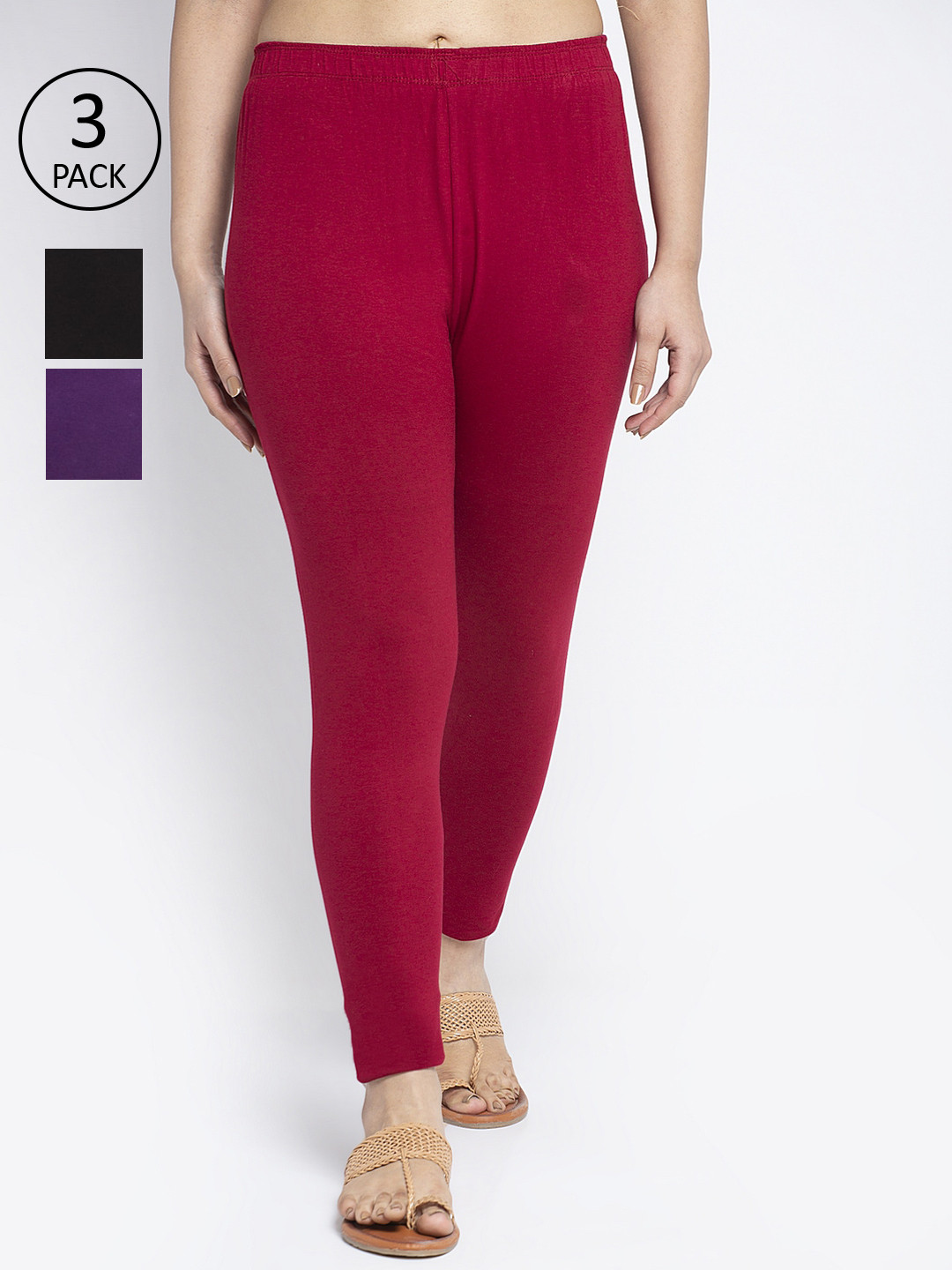 

Jinfo Women Pack Of 3 Maroon & Purple Solid Ankle-Length Leggings, Black