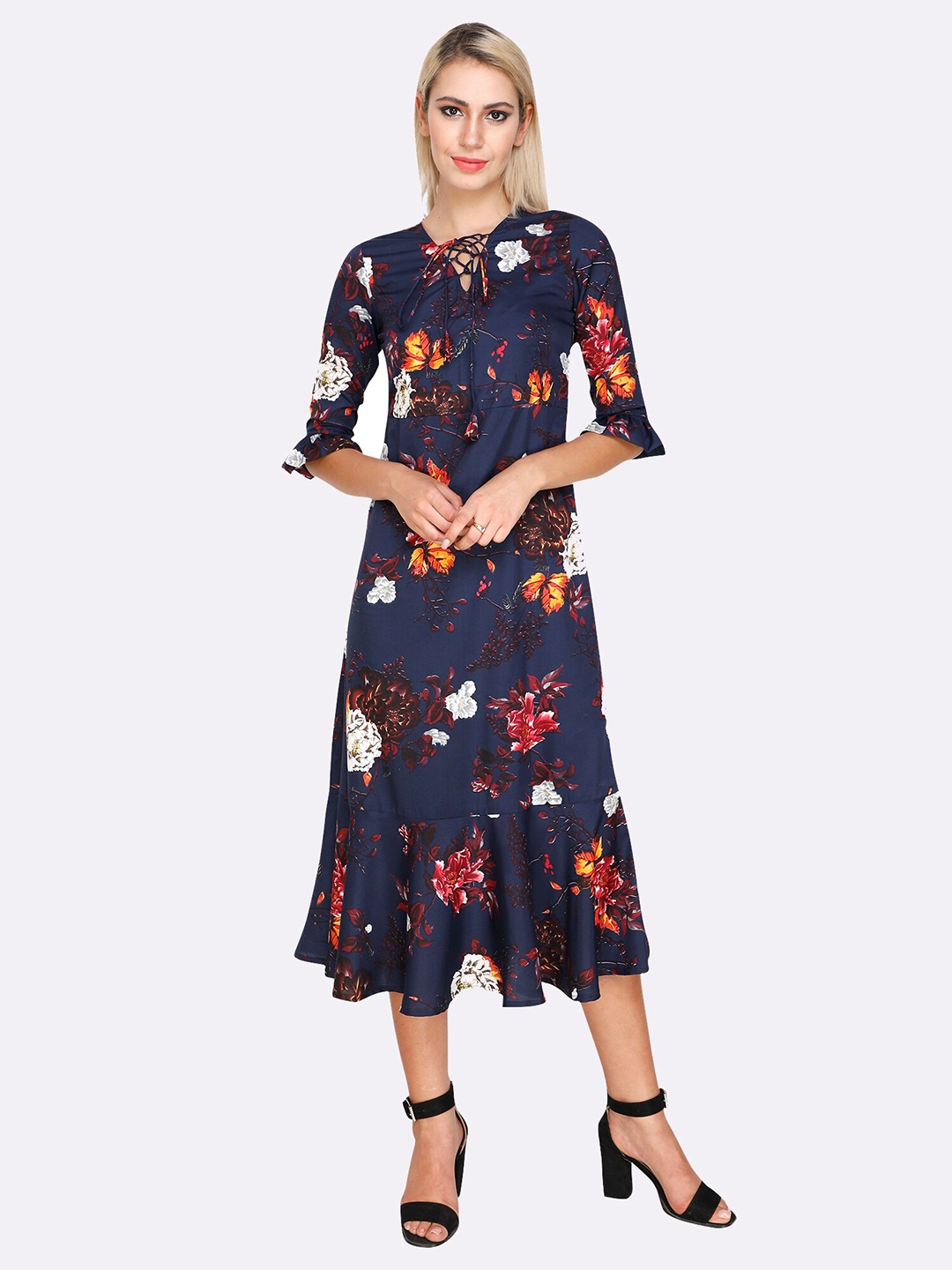 

shashvi Blue Floral Tie-Up Neck Crepe Midi Dress