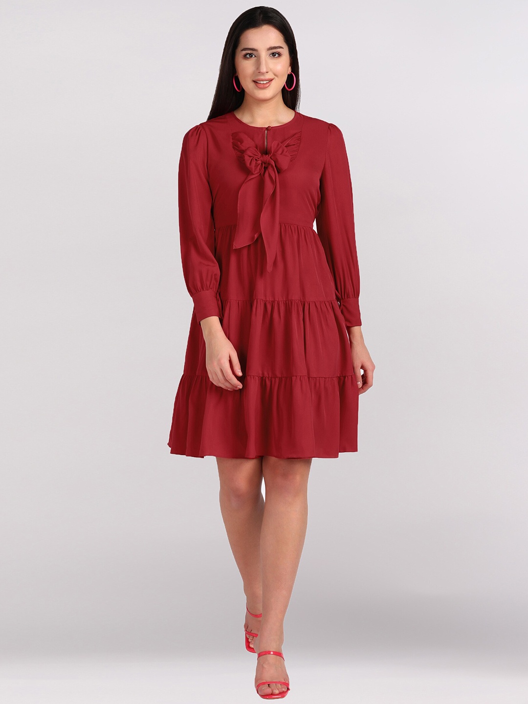 

shashvi Pink Tie-Up Neck Crepe Drop-Waist Dress