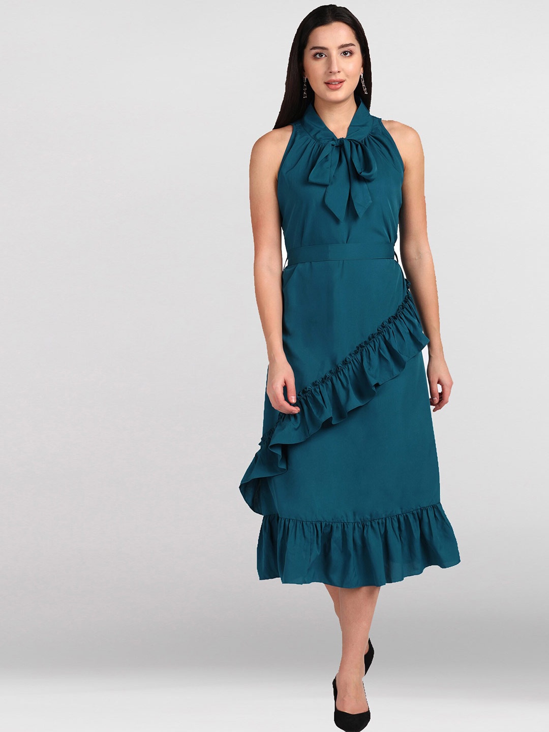 

shashvi Blue Tie-Up Neck Crepe Midi Dress