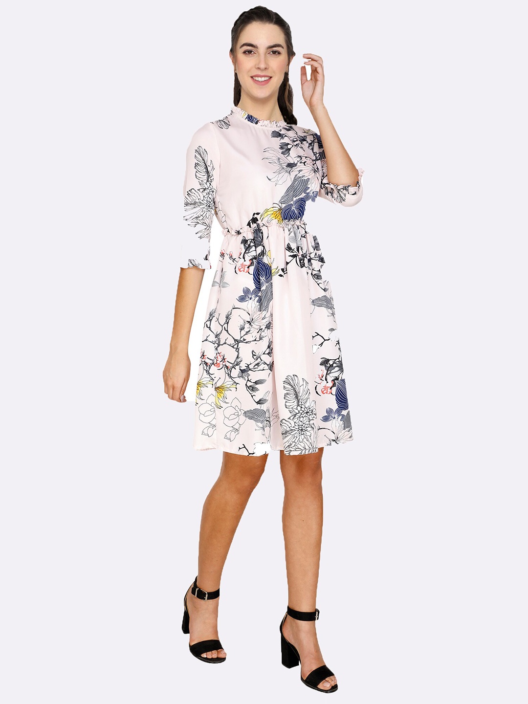

shashvi Women Pink & Blue Floral Fit and Flare Western Short Dress