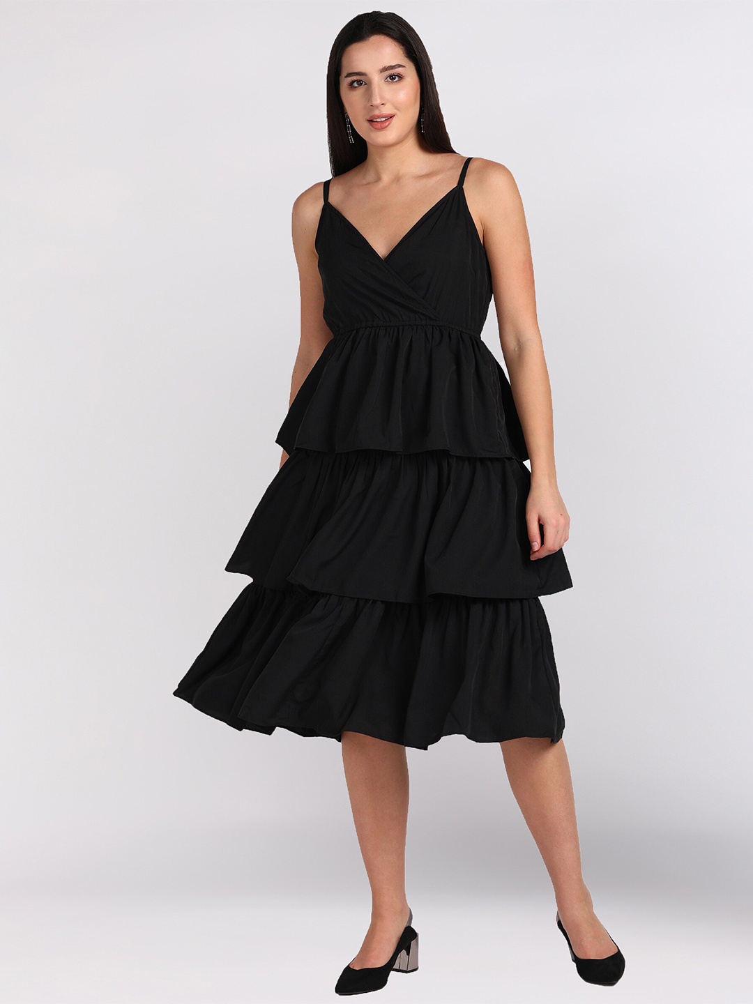 

shashvi Black Layered Crepe Empire Midi Dress