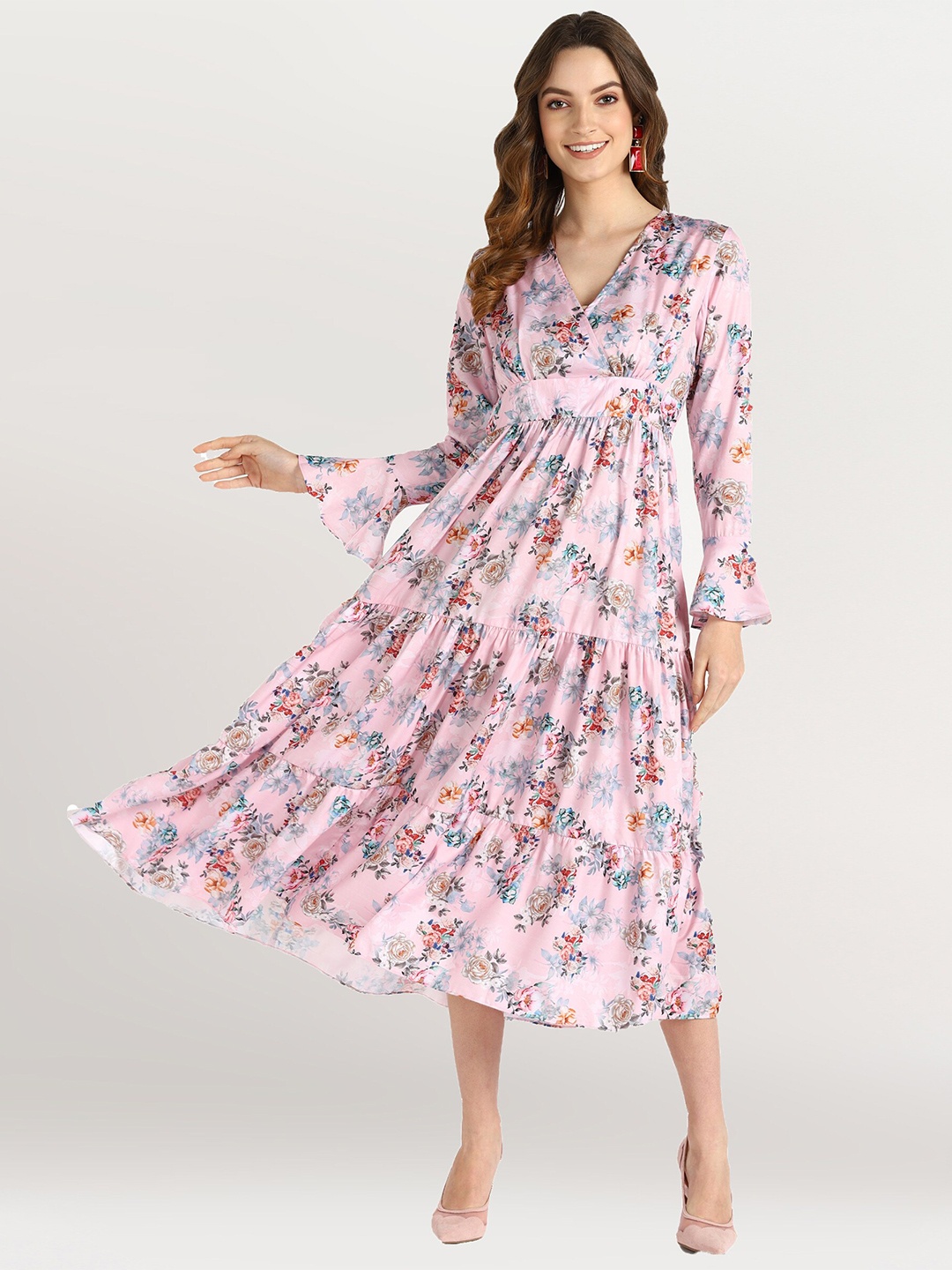 

shashvi Pink Floral Printed Tiered Crepe Fit & Flare Dress