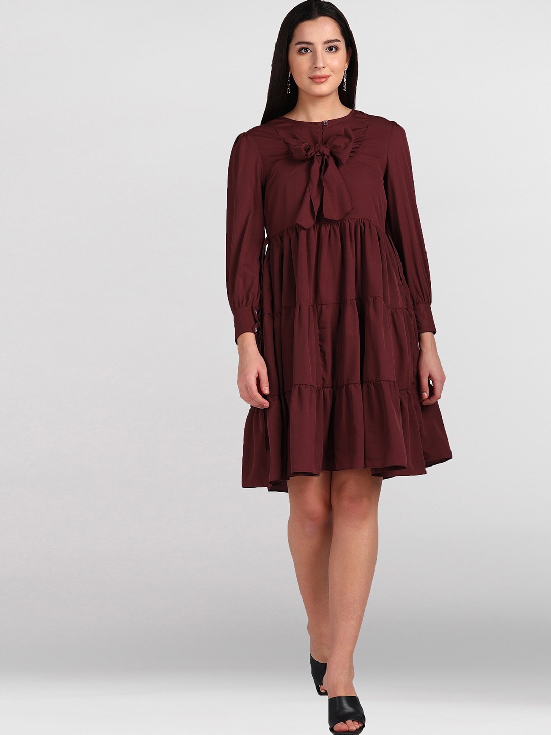

shashvi Women Maroon Tiered Crepe Fit & Flare Dress