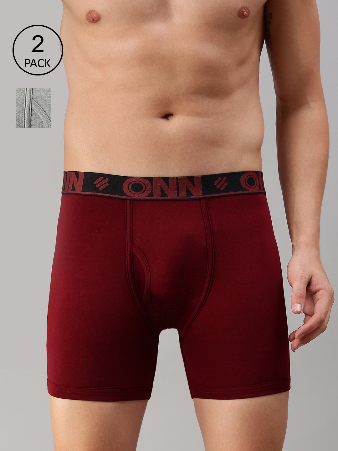 

ONN Men Pack Of 2 Maroon & Grey Solid Trunks, Grey melange