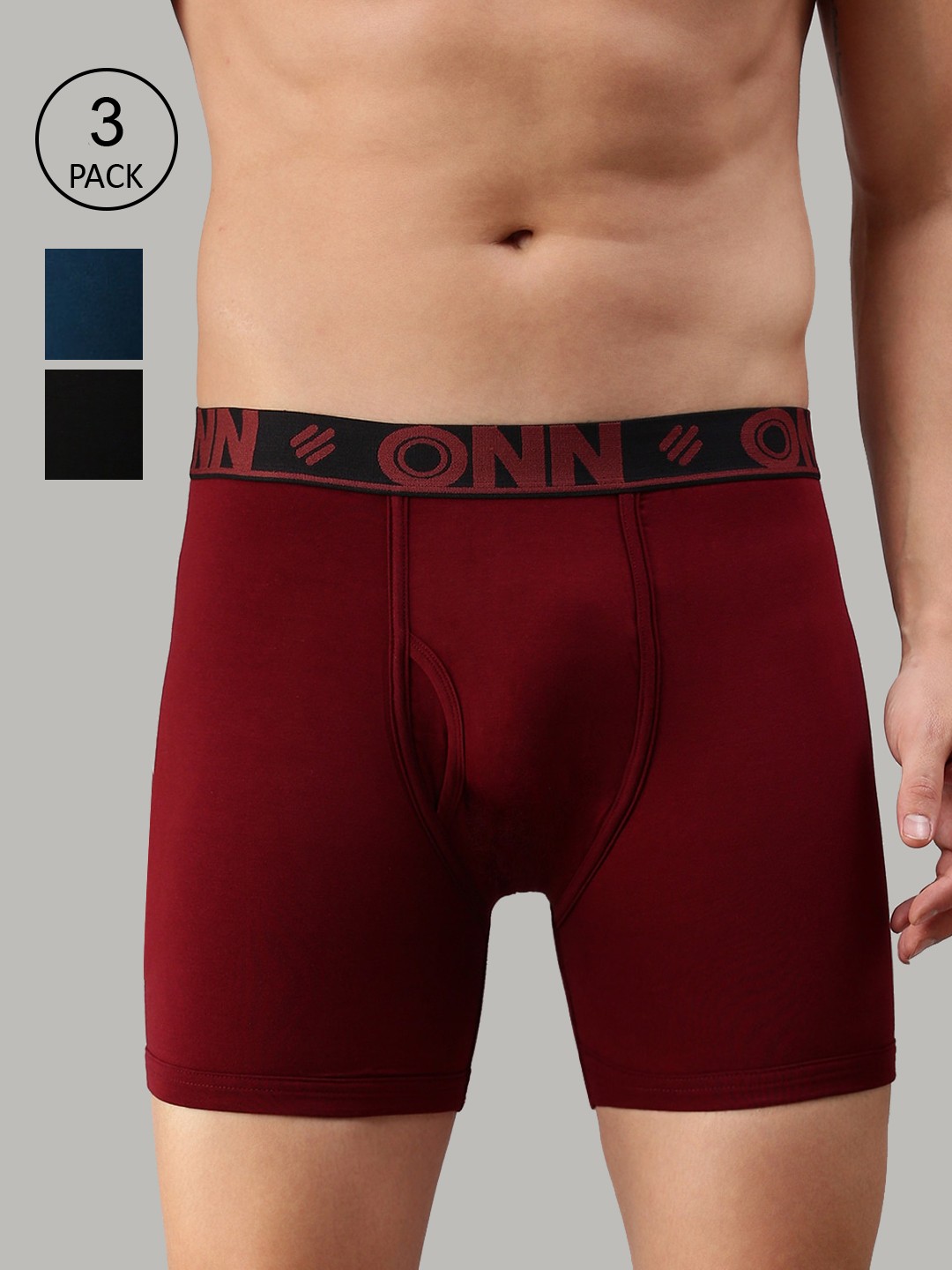 

ONN Men Pack Of 3 Blue, Wine, & Black Solid Trunk ONN_274_SBLU_BLK_WN_3PC