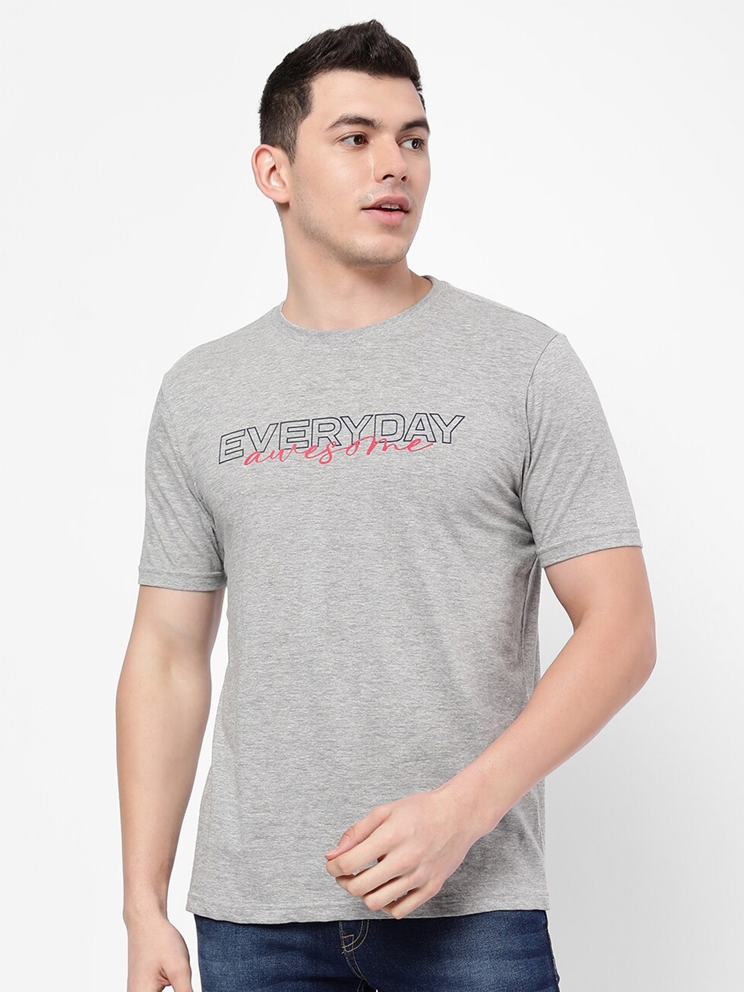 

R&B Men Grey Typography Printed T-shirt